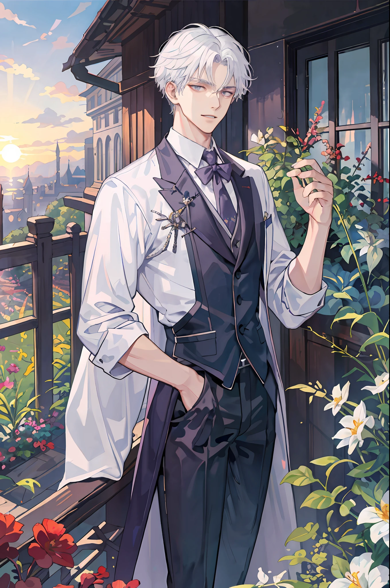 ((Masterpiece:1.2, best quality)), 4K, Adult, Single, Young man, Handsome, Very tall, Muscle, Wide shoulders,White hair, Purple eyes, Portrait, Sunset, Garden