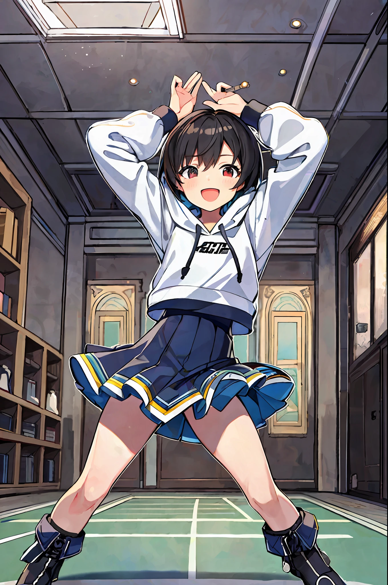 masterpiece, top quality, super detailed, (), highly detailed cg, 8k_wallpaper, hip hop dancer, dance studio, small, 15 yni skirt, :D, dancing, breakdancing, short hair, hoodie, leotard