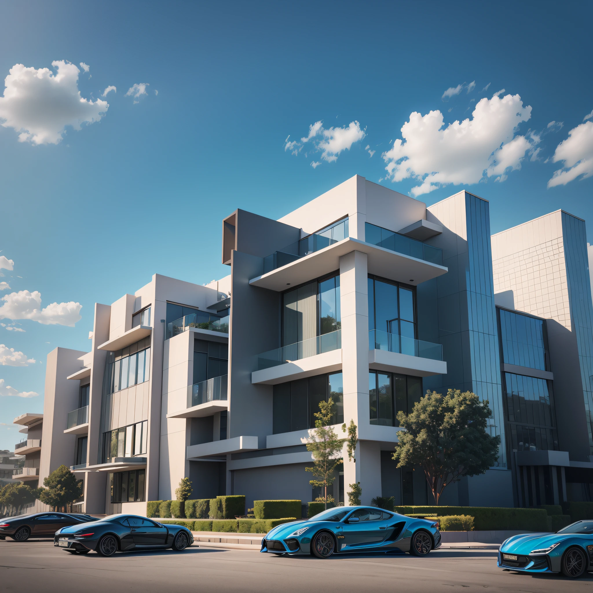 Modern mansion façade with cars in front, blue sky, promotional photo, HDR, cinematic, adobe lightroom, highly detailed, award-winning photography, real photo, clear photo --auto --s2