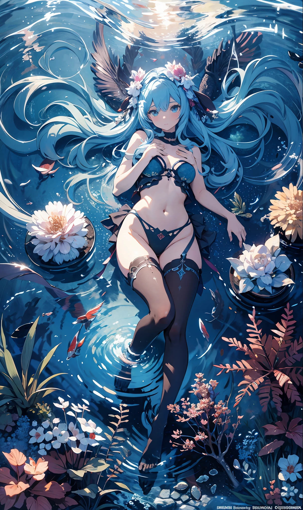 Ridiculous resolution, high resolution, (masterpiece:1.4), super detailed, 1girl, seen from above, underseabed, floating