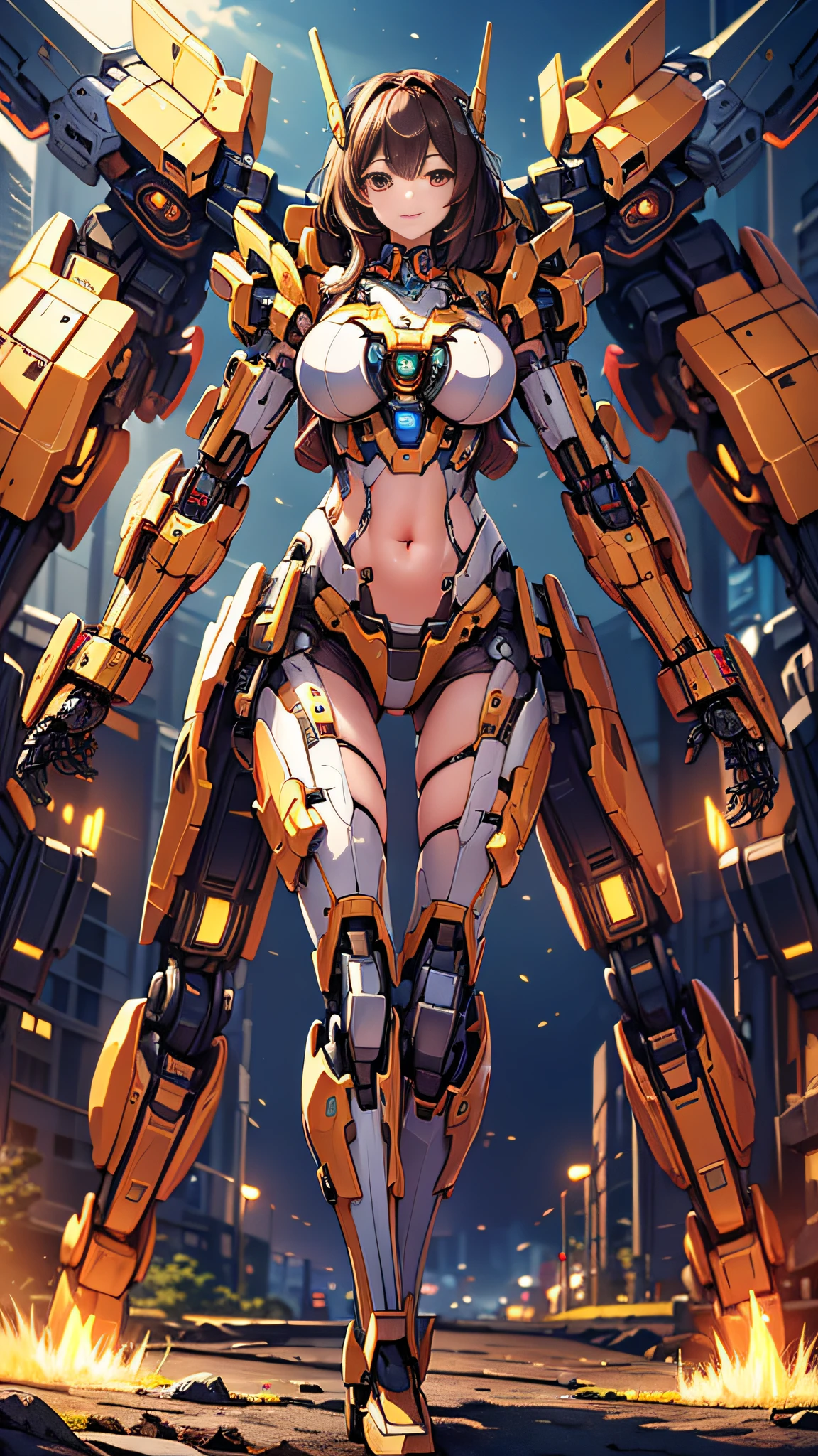 ((Masterpiece, Best Quality)), illustration, ultra-detailed 8K, realistic, clear focus, highly detailed, professional lighting, colorful details, rainbow colors BREAK factory super long shot, (1 large mechanical robot), microchip, computer, luminescence, intricate details, shitu-mecha, 1girl downscale standing in front of the viewer, navel