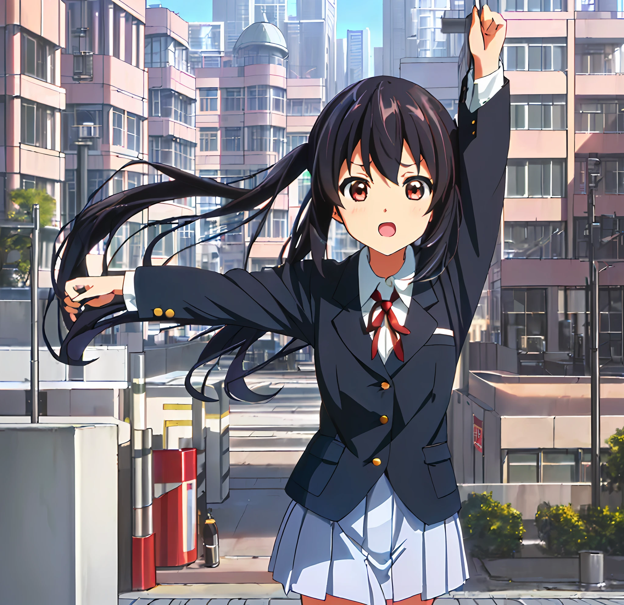 1girl, ((((Masterpiece))), Best Quality, Best Quality, High Detail, Azusa Nakano, 1girl, Sakuragaoka High School Uniform, Musical Instrument, School Uniform, Twin Tails, Long Hair, Black Hair, Brown Eyes, Solo, Red, Dark blue blazer with a thin ribbon of red, Solid white button shirt under blazer, Illustration, Cartoon, Soothing tones, Muted colors, Soft cinematic light, Adobe Lightroom, Photo Lab, HDR, complex and highly detailed, (((depth of field))))). (((Masterpiece))). (((highest quality))).) ((super detail))). (((Illustration))). (((Outside))). (((fighting stance))).,((((Giantization))).dynamic focus.small breasts. (((skyscrapers))). (((Cityscape))). (((Face of sadness))). Open mouth.Spread your arms.Clench your fists.