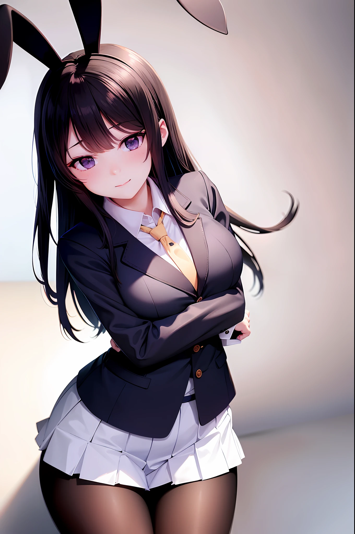 School uniform, white shirt, pantyhose, pleated skirt, tie, rabbit ears, behind arm, leaning forward, mayijan, faint smile, mid_breats, best quality