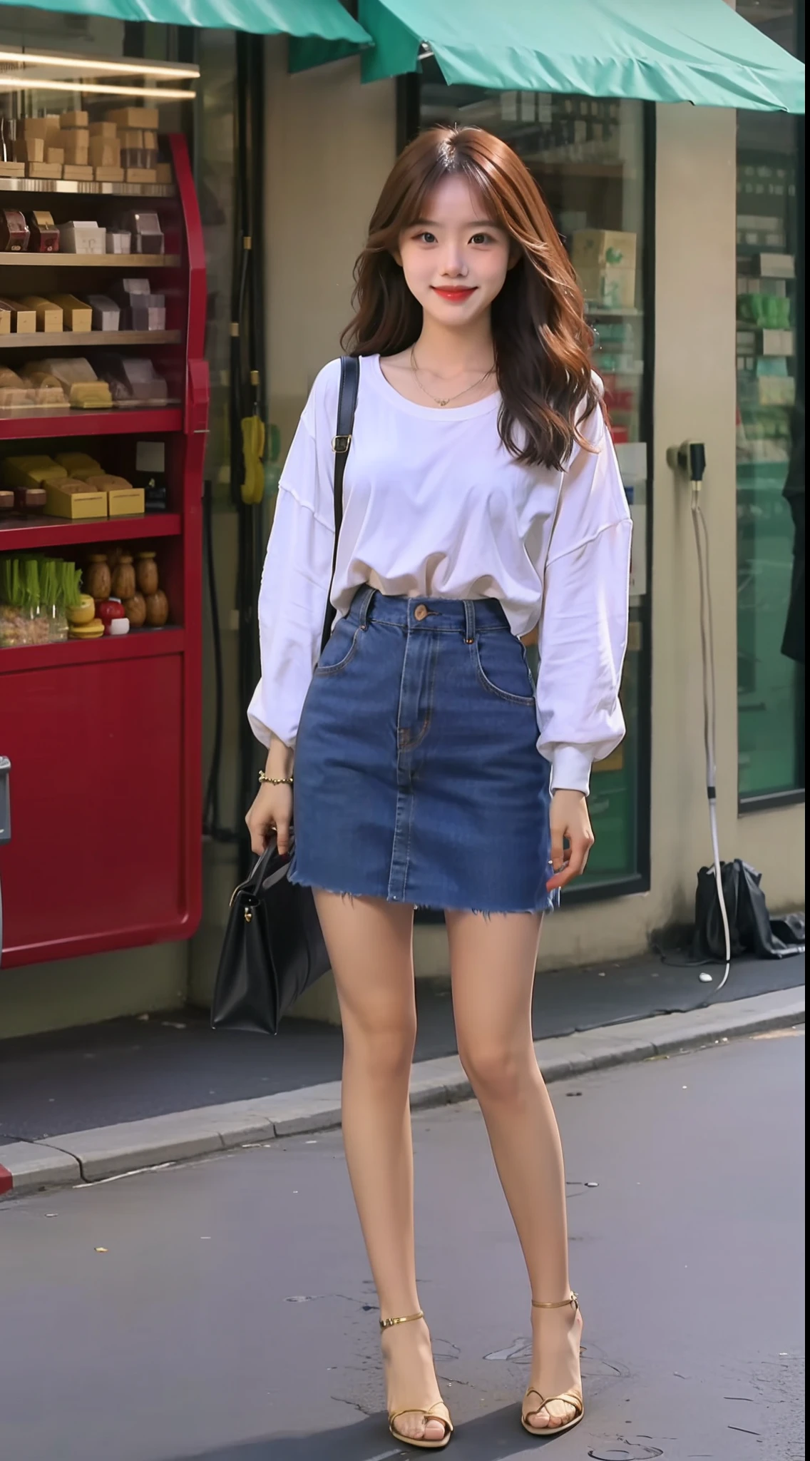 Single, Brunet, Best Quality, Full Body Shot, Big Miss, Smile, Long Hair, Wavy Head, Bustling Street, Fashion Clothing, Summer