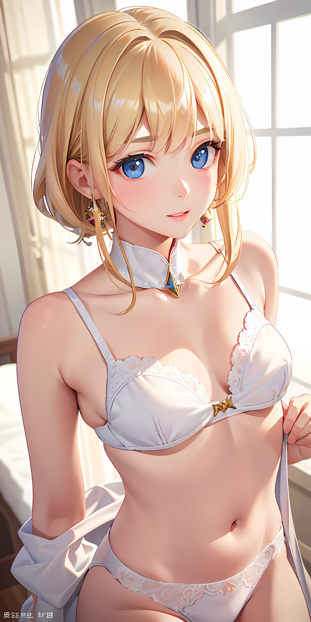(Real: 1.4), (Masterpiece, Sidelights, Fine Beautiful Eyes: 1.2), Masterpiece*Portrait、、、、, Realistic, 3D Face, Glistening Eyes, Glossy Hair, Skin Falling Out, Solo、、、、, Embarrassing, (Epigastric), White Underwear, Blonde Hair, (Princess)