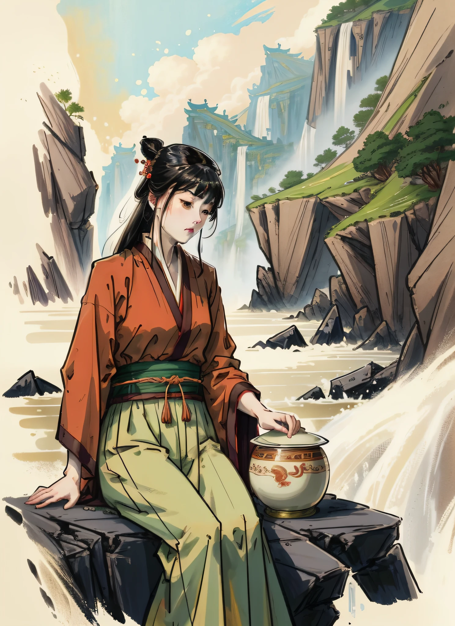 ancient china mythology, traditional style, greg rutkowski, bashful queen, isekai fantasy, wuxia genre, sitting at a table, (highly stylized artstyle), landscape