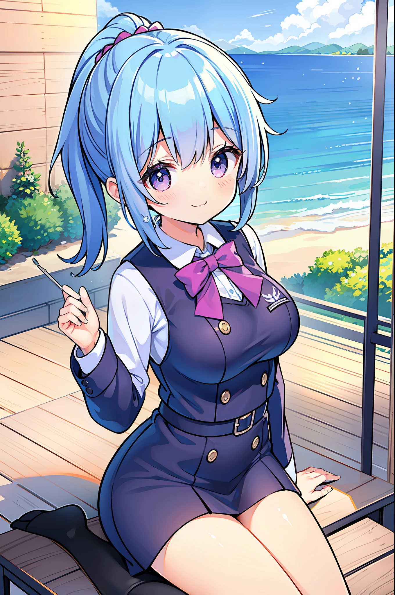 Normal breasts, medium hair, ponytail, light blue hair, purple eyes, smile, classroom, : 3, seashore, Hanasaki River Girls' School, uniform
