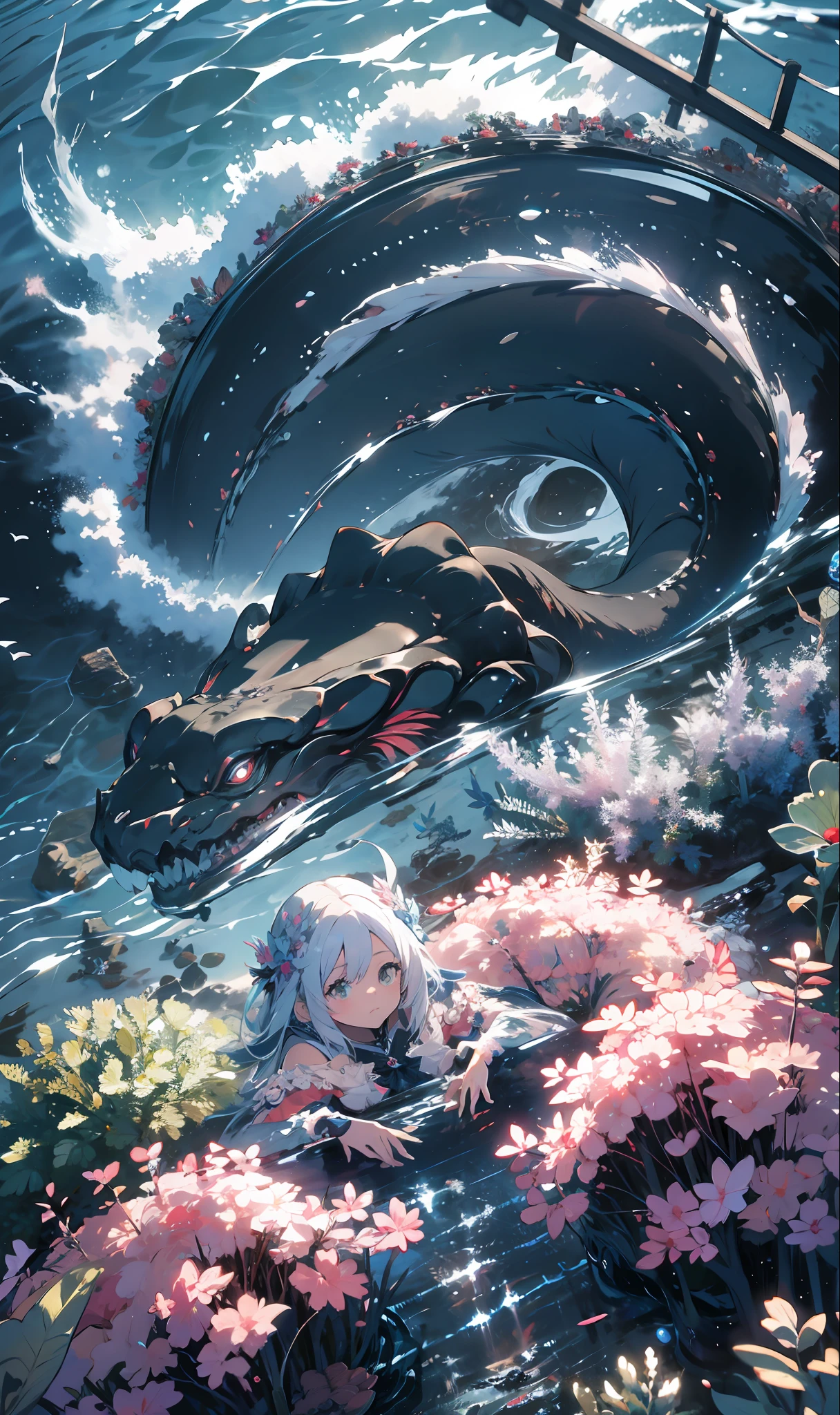 Ridiculous resolution, high resolution, (masterpiece:1.4), super detailed, 1girl, seen from above, underseabed, floating