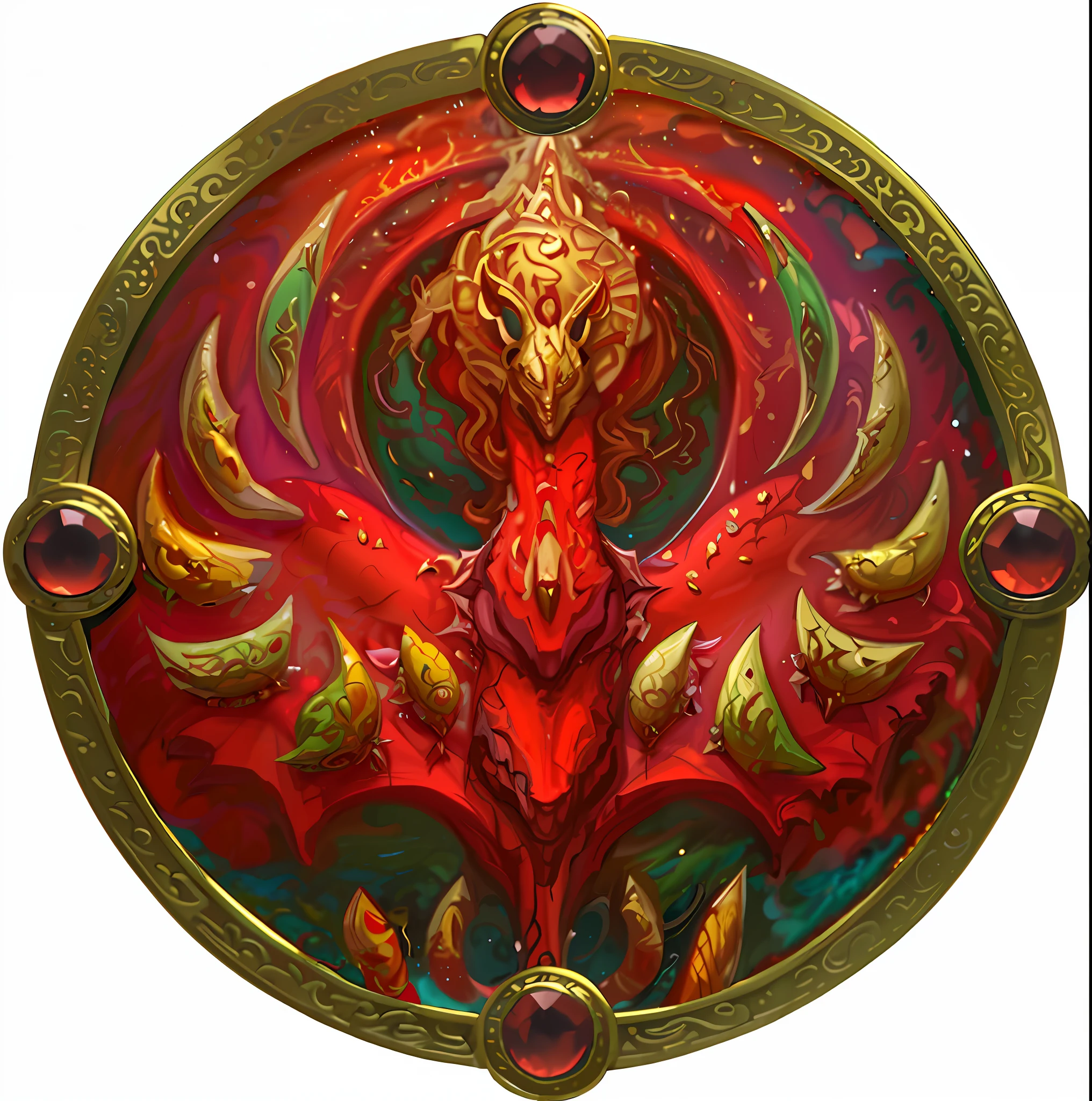 a circular painting of a red dragon with gold accents, nicol bolas, dragon centered, tiamat, holy fire spell art, style of magic the gathering, magic the gathering artstyle, magic the gathering concept art, drachenlord, full art, magic the gathering art, ornate with fiery explosions, mtg art, mana art, artwork of a phoenix