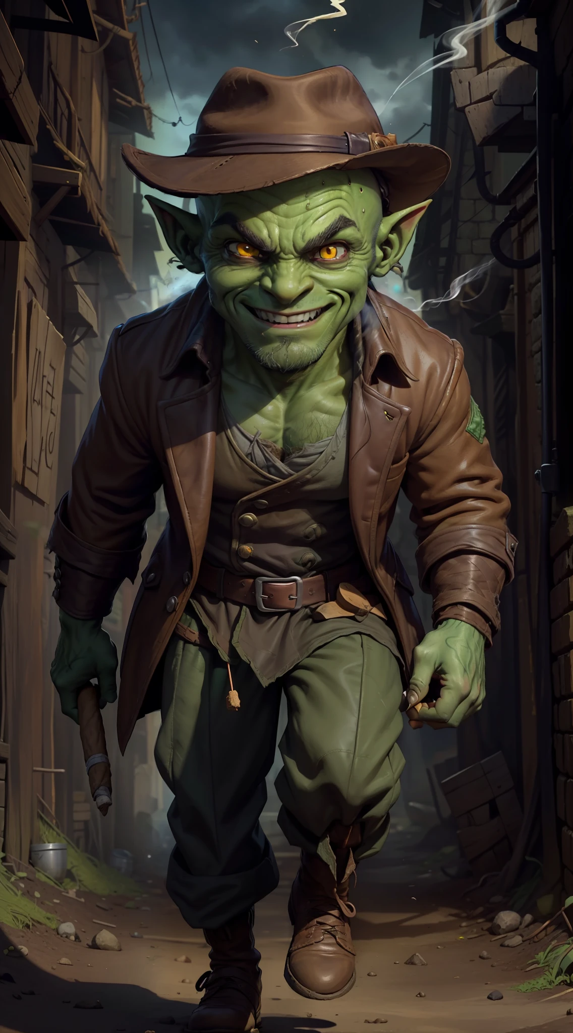 1 small goblin, (((soil)))), (low studies, bulging yellow eyes, mischievous smile, green skin, cartoonish face, bald, bald, thick eyebrows, black beard, thick sideburns, green skin: 1.20), (wears a fedora hat, wears a brown leather overcoat, white linen shirt), full body, (smoking cigar: 1.40), (big, pointed nose: 1.30), he's a rogue goblin, he's walking in a dirty, dark alley