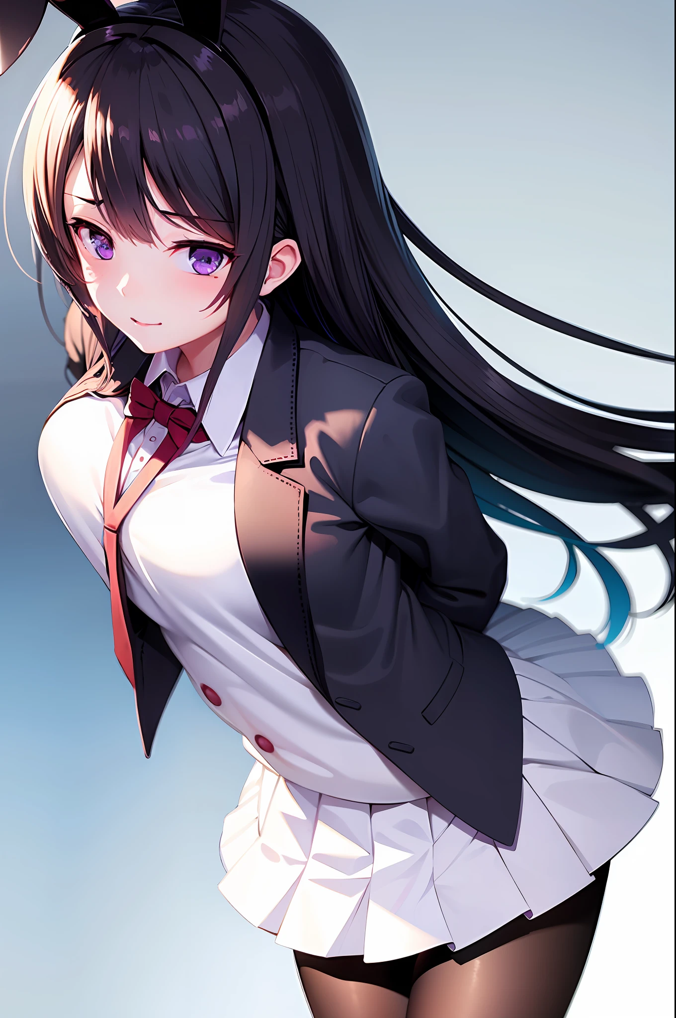 School uniform, white shirt, pantyhose, pleated skirt, tie, rabbit ears, mayijan, lean forward, behind arm, faint smile, mid_breats, best quality