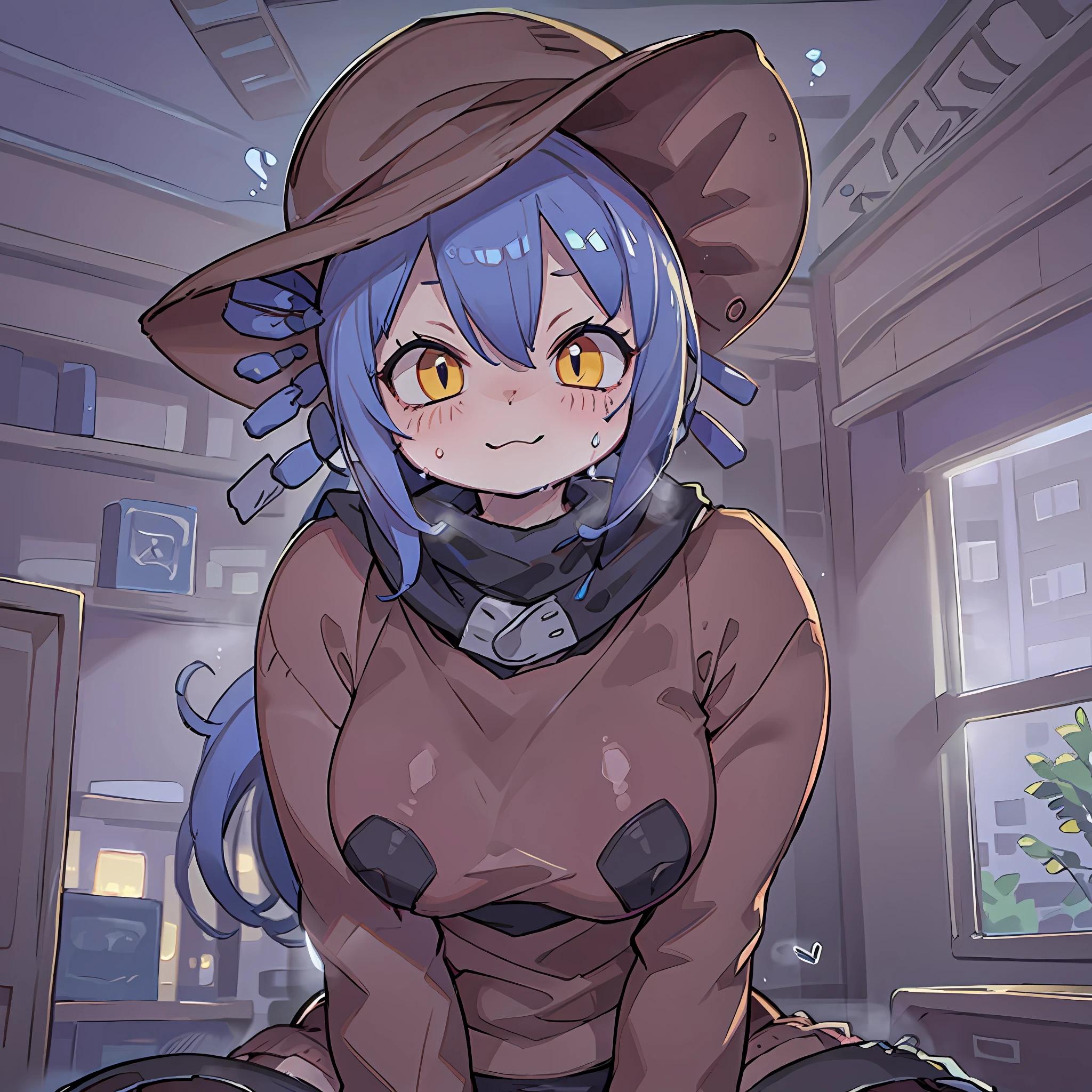 BlowjobPovQuiron,,, pov, erection,, 1girl, niko, yellow eyes, hat, red hat, blue hair, solo, blush, blushed face, happy face, 4K, blushed face, (((Best quality, Masterpiece))), detailed, ultra detailed, looking at viewer, ultra high res, sfw, bedroom, indoors background, best anatomy, good anatomy, SFW, breasts, sweat, steam, sweaty, steamy, no underwear, sexy, kneeling, male POV, Male body POV, Male point of view