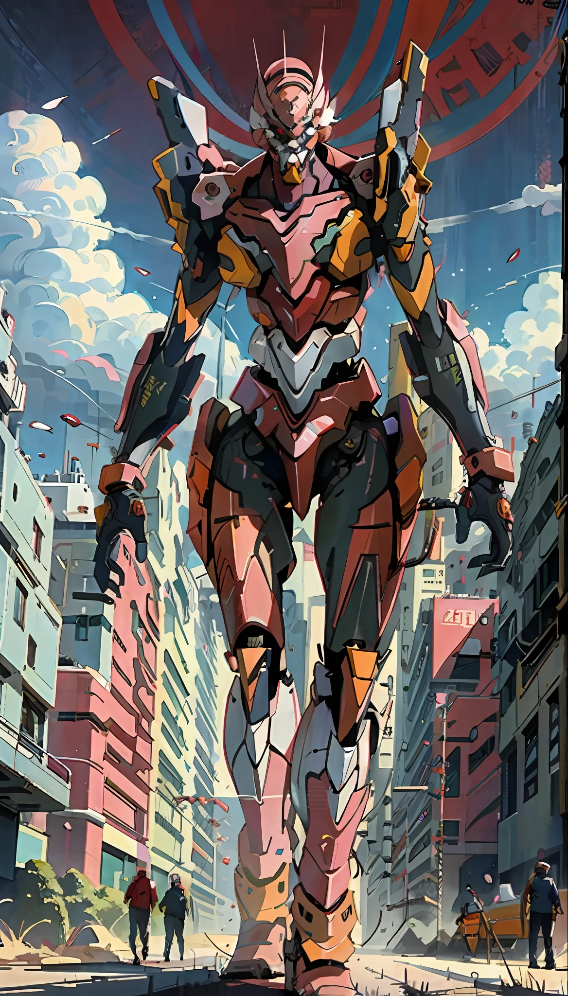 Eva 02, Eva, Evangelion mecha, science fiction, watch audience, (official art, best quality, masterpiece: 1.2), illustrations, high resolution, futuristic city background, futuristic, manga style