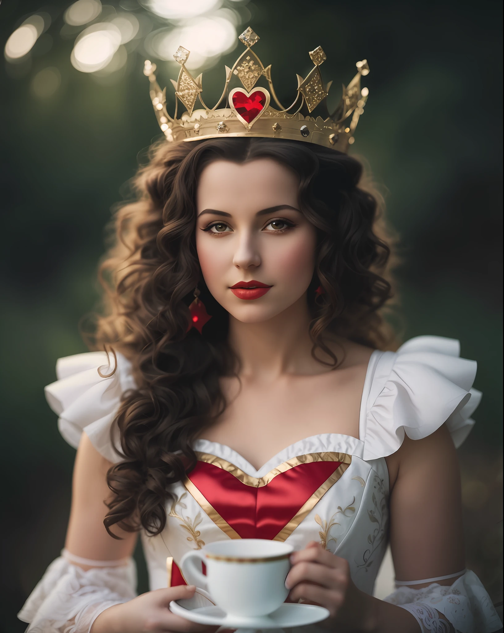 arafed woman in a white dress holding a cup and a crown, queen of hearts, the queen of hearts, portrait of alice in wonderland, alice in wonderland style, lovely queen, the red queen, alice in wonderland syndrome, like alice in wonderland, dressed as a queen, anna nikonova, by Tatiana Hordiienko, beautiful queen, wearing crown