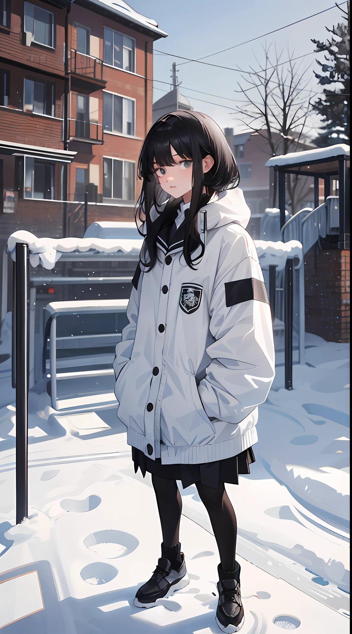 A 20-year-old man, a 20-year-old woman, a man with short black messy hair, a woman with long silver hair, in winter, white school uniform, standing on the edge of the school playground, upper body display,