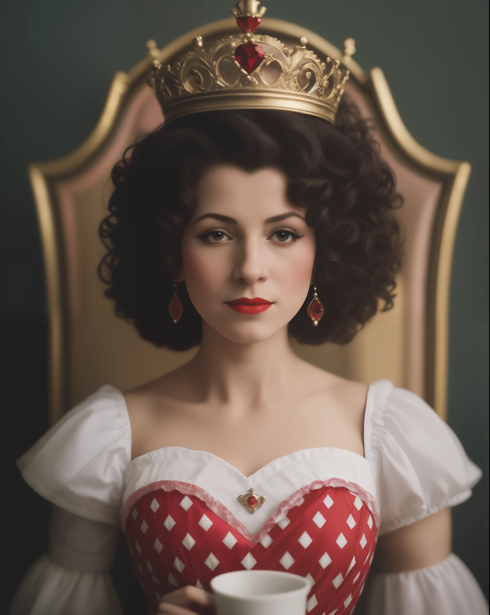 arafed woman in a red and white dress holding a cup, dressed as a queen, the queen of hearts, queen of hearts, princess portrait, queen chess piece photo portrait, queen crown on top of her head, posing as a queen, portrait of princess, rococo queen, portrait of queen of dreams, the red queen, portrait of a queen