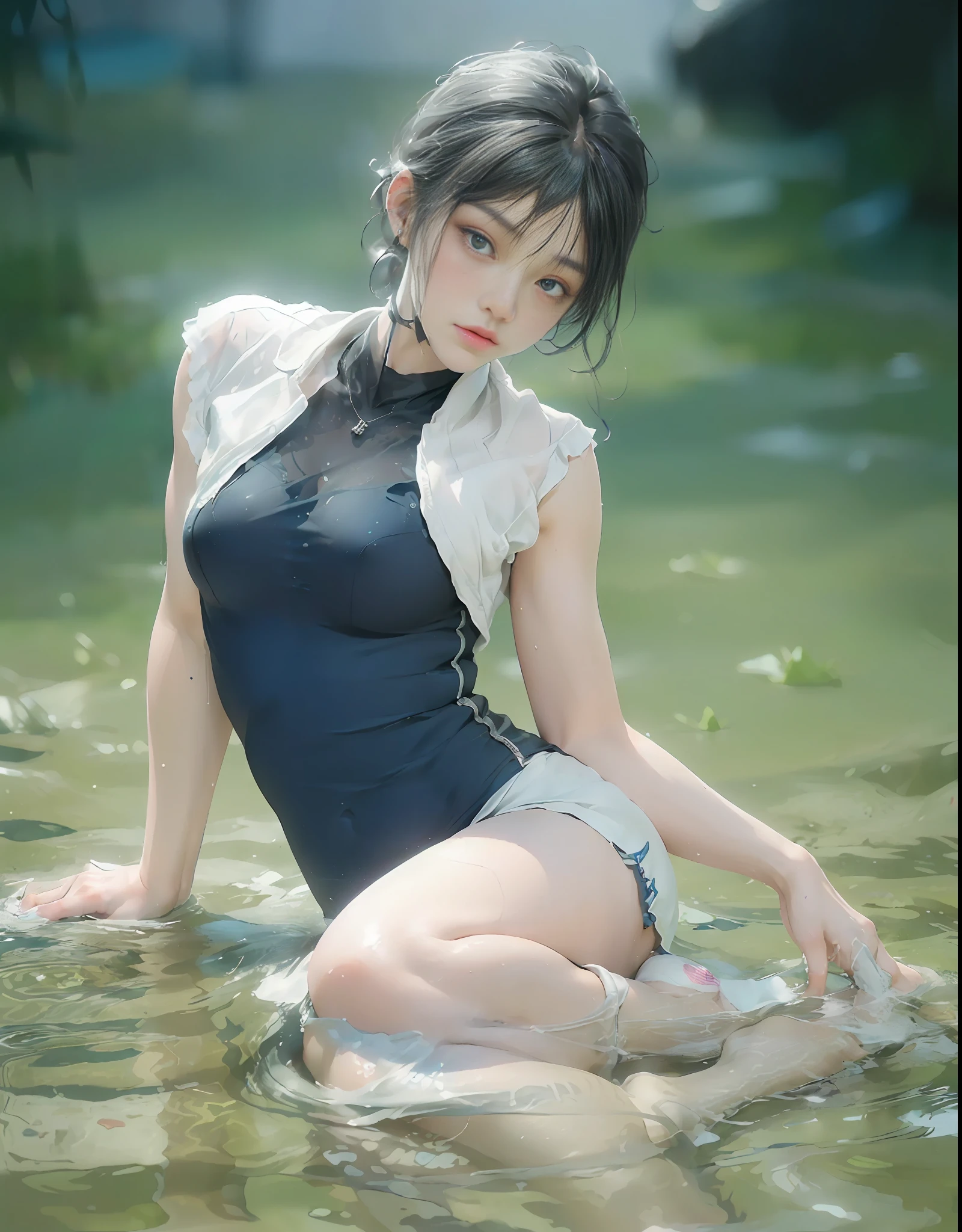 (Best Quality), ((Masterpiece), (Detail: 1.4), 3D, A Beautiful Cyberpunk Woman, HDR (High Dynamic Range), Ray Tracing, NVIDIA RTX, Super-Resolution, Unreal 5, Subsurface Scattering, PBR Textures, Post-Processing, Anisotropic Filtering, Depth of Field, Maximum Sharpness and Clarity, Multi-layer Textures, Albedo and Highlight Maps, Surface Shading, Accurate simulation of light-material interactions, perfect proportions, Octane Render, two-color light, large aperture, low ISO, white balance, rule of thirds, 8K RAW, realistic, (dignified fluff, perfect proportions, bright eyes, light makeup, big black eyes, pink and moist lips), white hair, big black eyes, cold storage, sharp eyes, flowers, (masterpiece, realistic, high resolution), ((1 girl): 1.2), ((white wavy long hair): 1.3), ((big breasts): 1.5, thin waist: 1.2, strangled thighs: 1.3, fair and moist skin) 1 girl, bikini, bikini_top, bikini_under_clothes, black_choker, black_hair, blue_bikini, blue_choker, blue_nails, blue_ sailor_collar, blue_skirt, blush, cream white, white, white transparent bra, transparent underwear, breasts, cable, car, necklace, closed_eyes, clothes_lift, earbuds, headphones, ground_vehicle, high leg, highleg_bikini, hose, large_breasts, lying down, micro_bikini, microphone, white miniskirt, Ultra shorts off at thigh position, white mesh stockings, wet clothes, moles, motor_vehicle, nail_polish, navel, scarf, on_back, open_mouth, pleated_skirt, rain, sailor_collar, school_uniform, see-through, satfu, shirt_lift, short_hair, skin dents, skirts, solo, speakers, stomach, string_bikini, swimwear, thigh_strap, inner chest, underwear, wet, wet, water droplets, water stains, whole body liquid, liquid, clear liquid, wet_clothes, wet_shirt, wire, ultra-small underwear, wet body, wet underwear, transparent underwear, bikini, nipple bumps, clitoral bulge