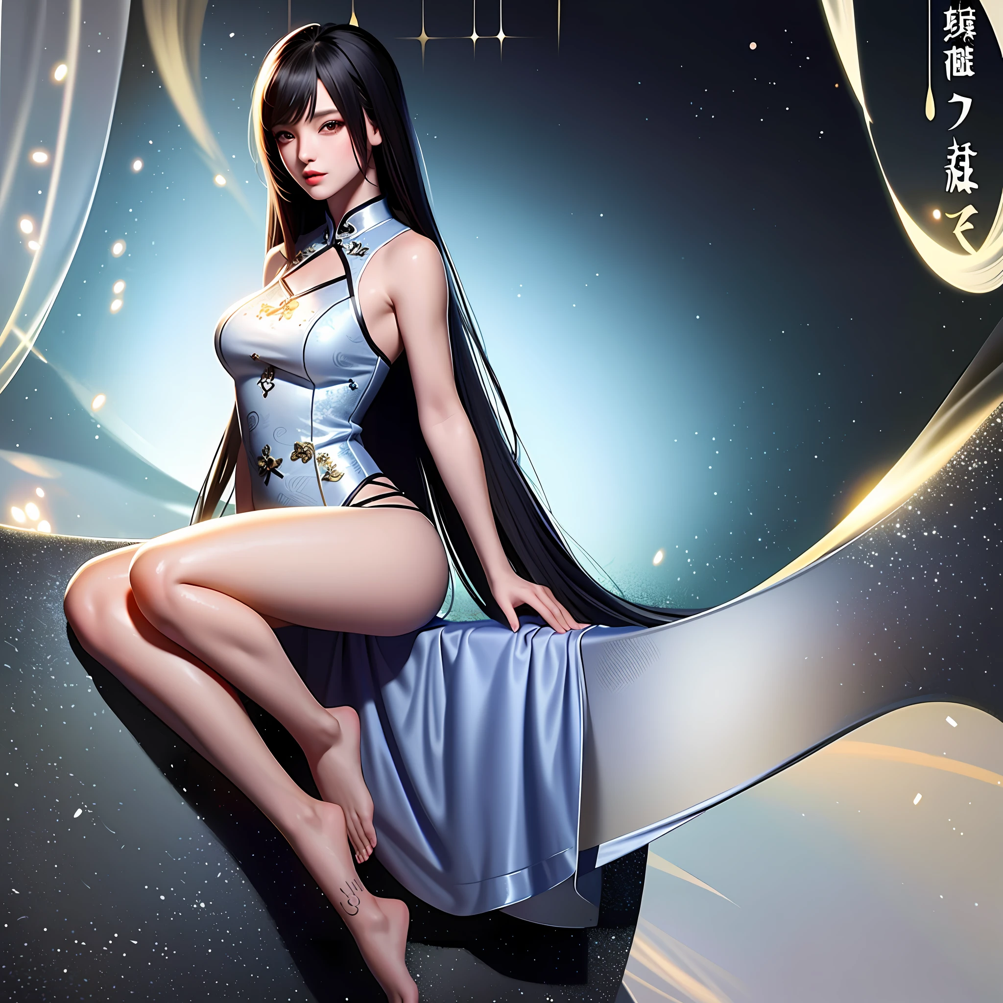 Girl sexy female highly detailed illustration fantasy portrait semi-realistic cheongsam, top cropped, shiny eyes, standing, long legs, fair skin, clear whole body, fine facial features, human hands and feet