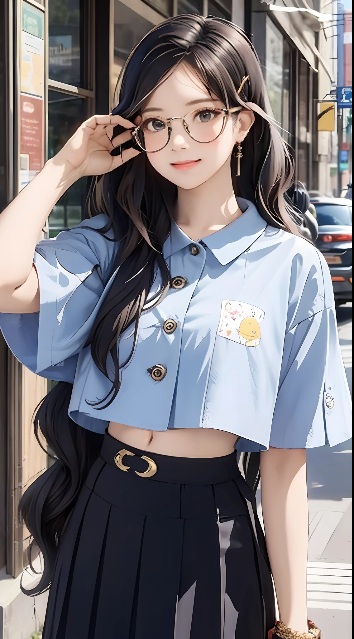 (masterpiece, best quality), beautiful woman, cute printed cropped shirt, pleated skirt, wavy hair, headband, glasses, asymmetrical bangs, waving at the viewer, perfect face, beautiful face, alluring, big gorgeous eyes, soft smile, perfect slim fit body, city streets, (outdoor), seoul, bright colors