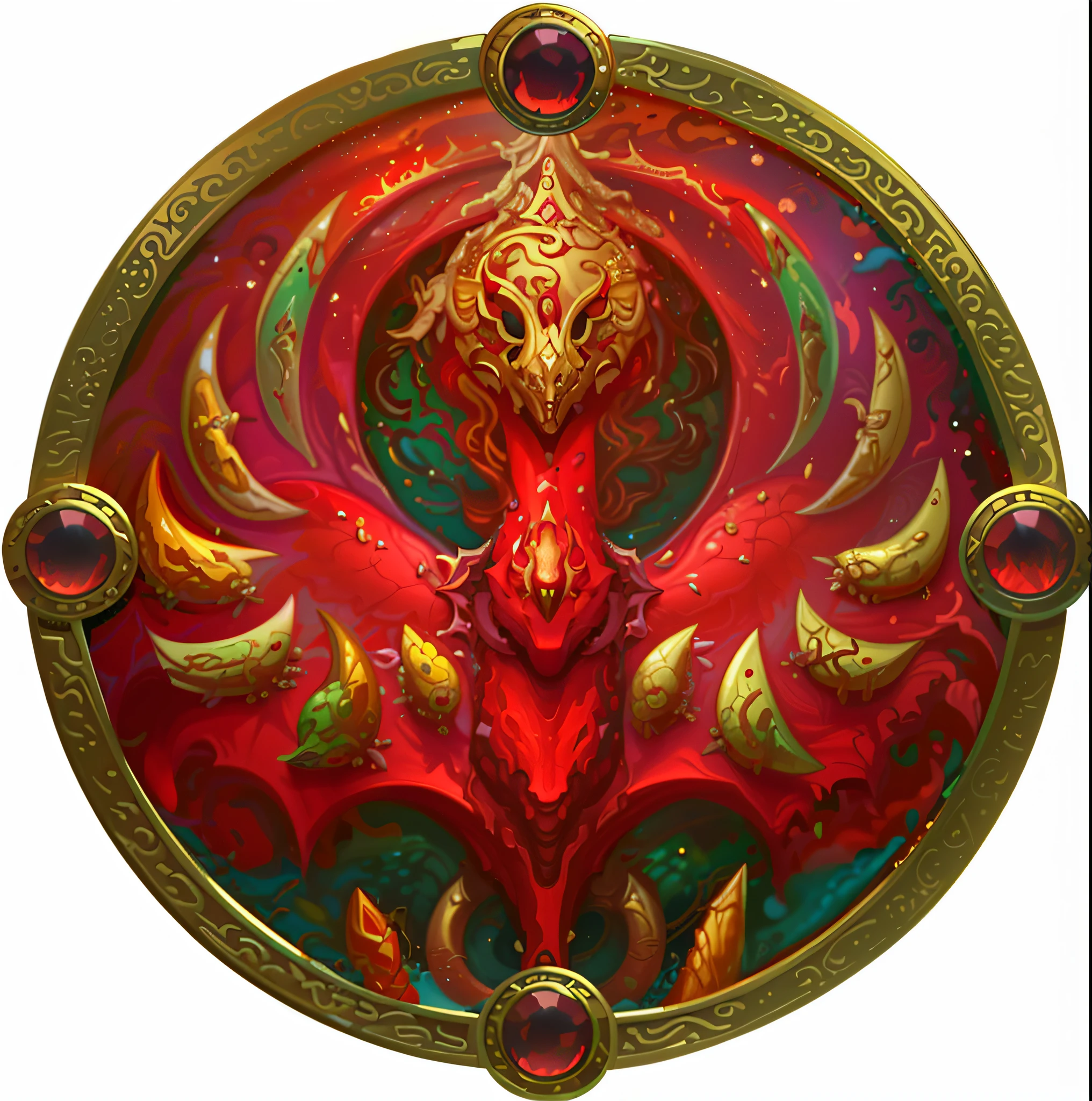 a circular painting of a red dragon with gold accents, nicol bolas, dragon centered, tiamat, holy fire spell art, style of magic the gathering, magic the gathering artstyle, magic the gathering concept art, drachenlord, full art, magic the gathering art, ornate with fiery explosions, mtg art, mana art, artwork of a phoenix