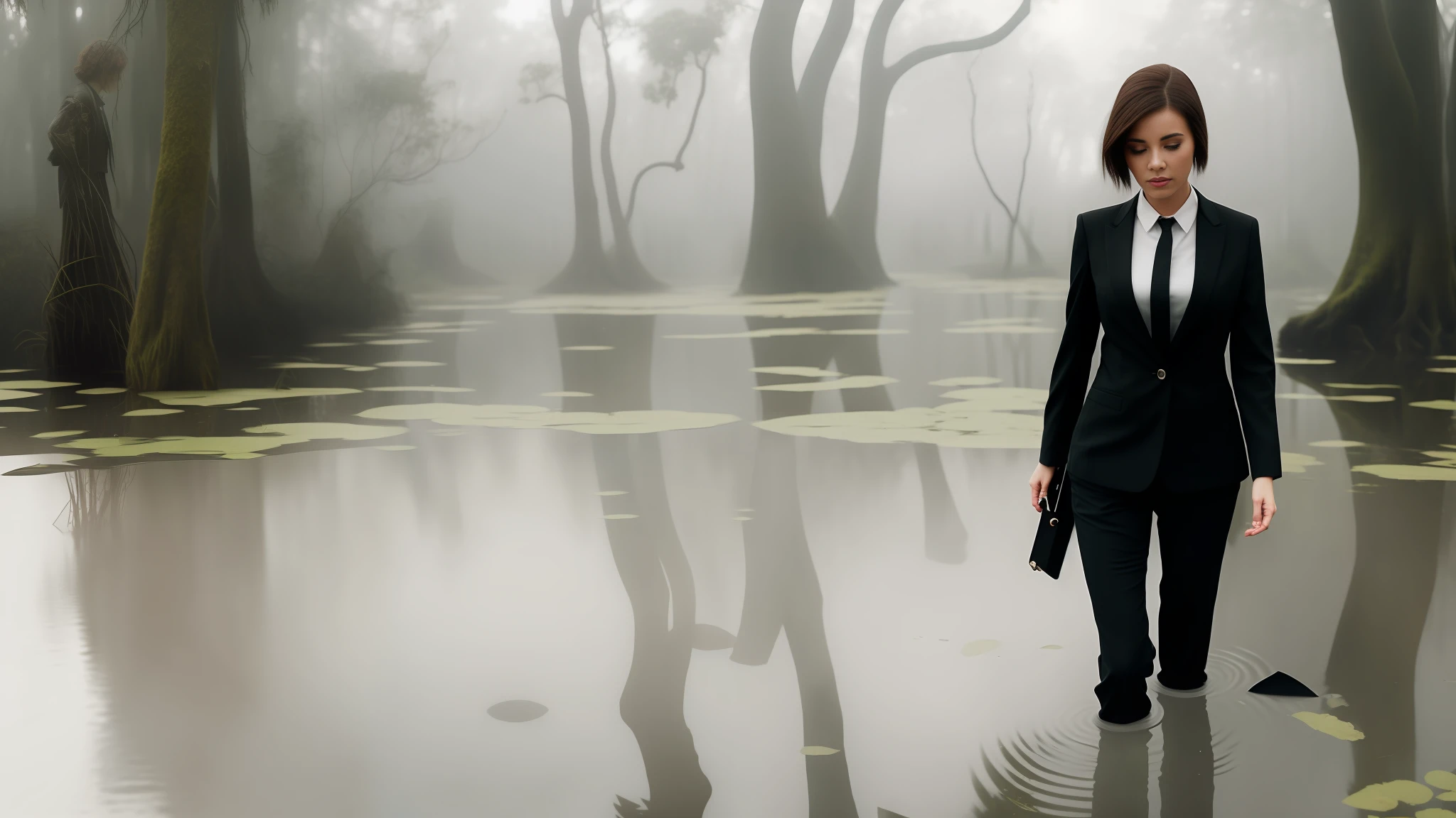 A beautiful woman wearing a black suit and tie, holding a briefcase, walking in a foggy swamp, water up to her waist