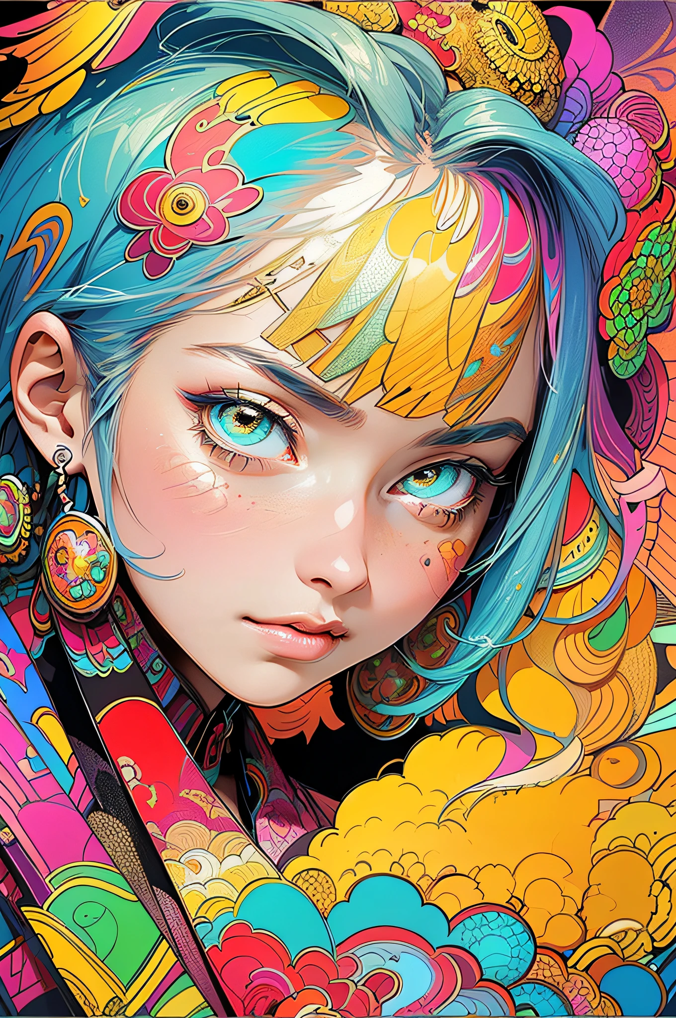(masterpiece, top quality, best quality, official art, beautiful and aesthetic:1.2), (1girl:1.3), extremely detailed,(fractal art:1.2),colorful,highest detailed,(zentangle:1.2), (dynamic pose), (abstract background:1.5), (treditional dress:1.2), (shiny skin), (many colors:1.4), upper body
