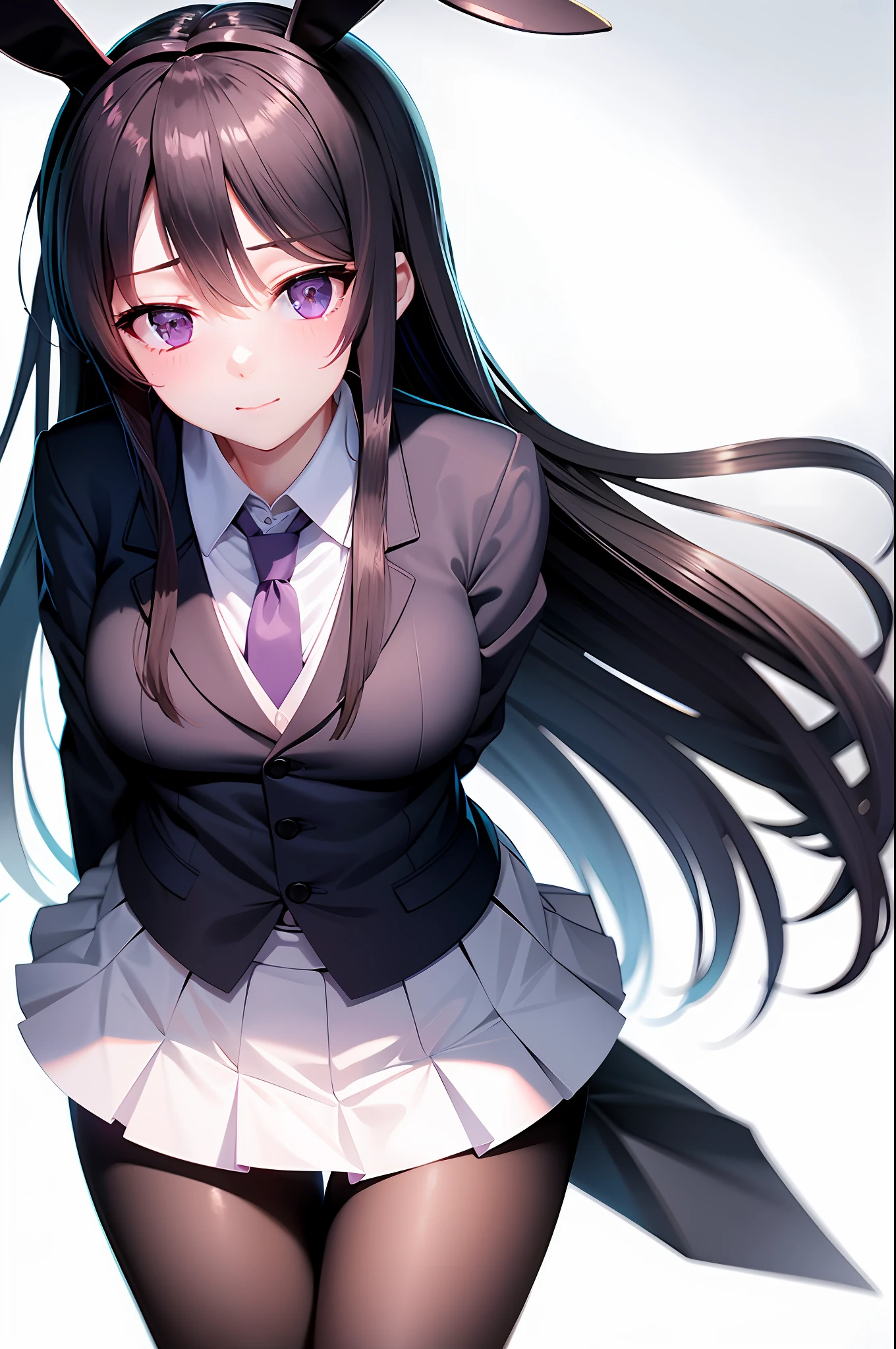 School uniform, white shirt, pantyhose, pleated skirt, tie, rabbit ears, mayijan, lean forward, behind arm, faint smile, mid_breats, best quality
