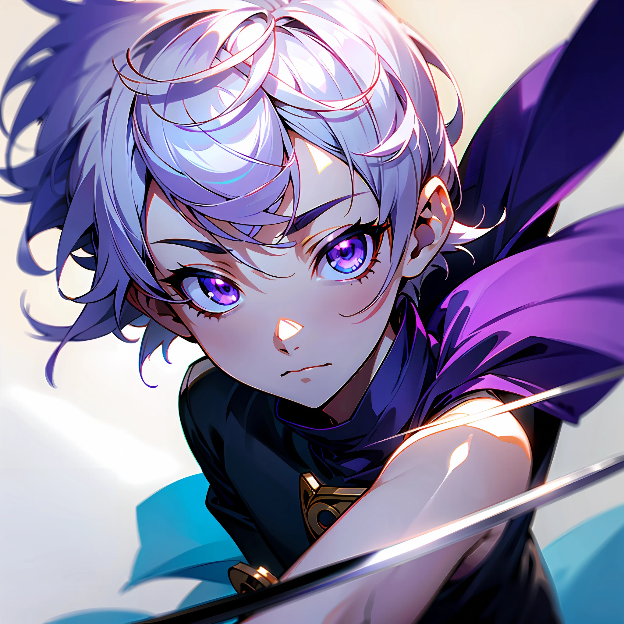 white skin, ultra beautiful face, sigurando a katana, small sword, ambient light, pessonage, anime, boy with short hair, silver white, purple eyes, beautiful eyes, shy, Maximum quality.