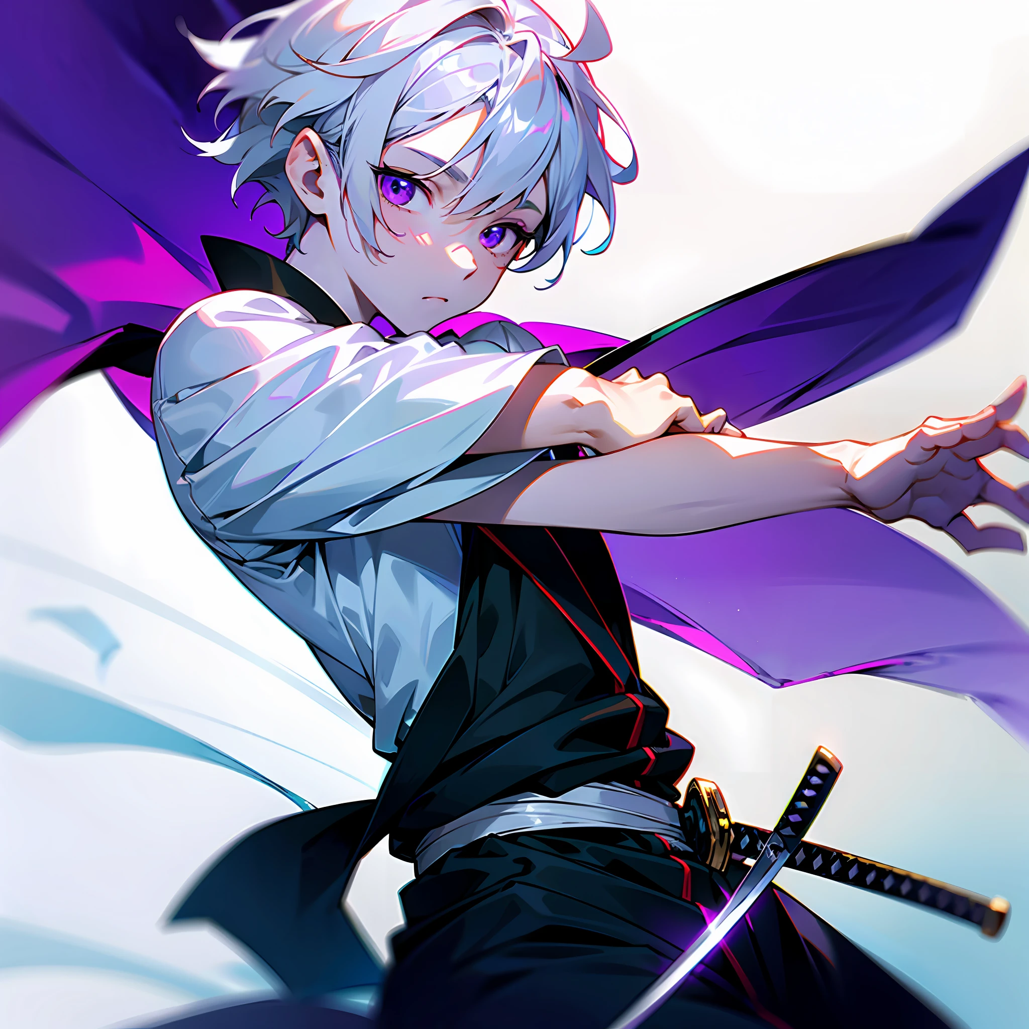 white skin, ultra beautiful face, sigurando a katana, small sword, ambient light, pessonage, anime, boy with short hair, silver white, purple eyes, beautiful eyes, shy, Maximum quality.