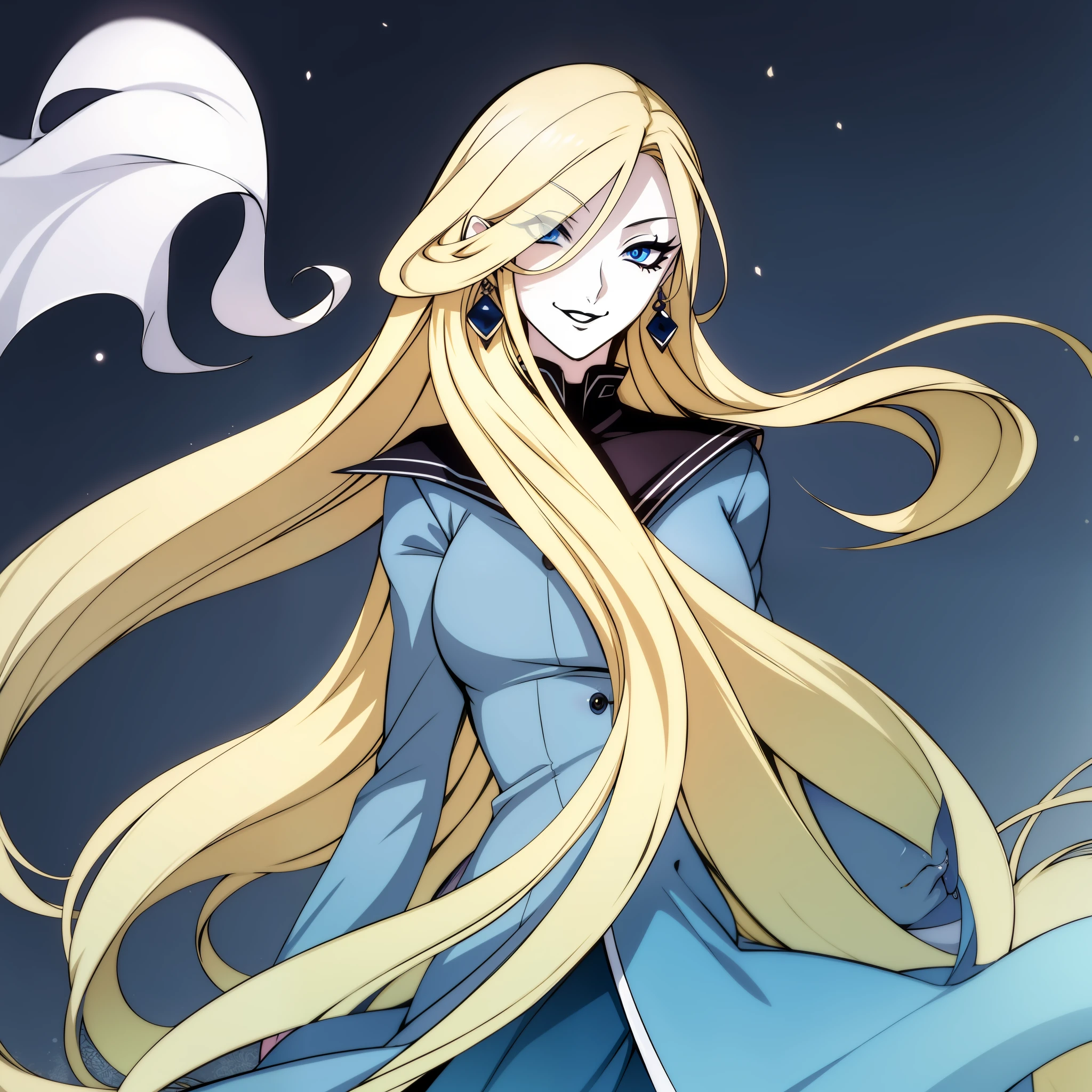 Adult woman, long blond hair blowing in the wind, light makeup, smiling, quiet expression, wearing elegant blue clothes, light blue eyes, black lipstick, eye shadow, black pearl earrings, anime style, solo