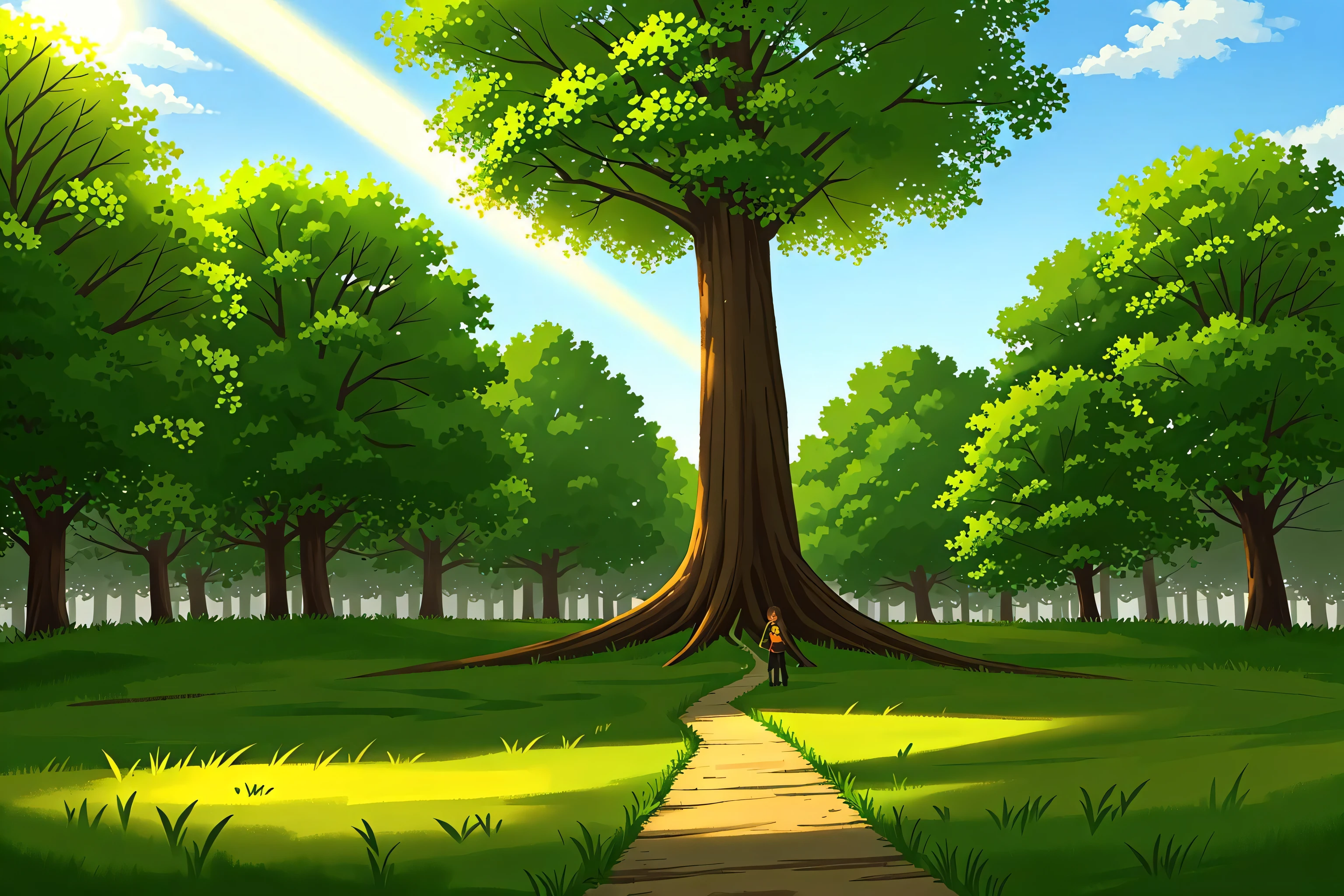 extremely detailed CG unity 8k wallpaper,(masterpiece),(best quality),(ultra detailed),(ultra realistic),(Best character details:1.2),dynamic angle,professional lighting, photon mapping, radiosity, physically-based rendering,blush,gufeng,chinese style,a painting of a forest with a path leading to a tall mountain in the distance with a light shining on the ground, bush, day, forest, grass, lake, light_rays, moss, nature, outdoors, overgrown, path, plant, scenery, sunbeam, sunlight, tree, tree_shade, water