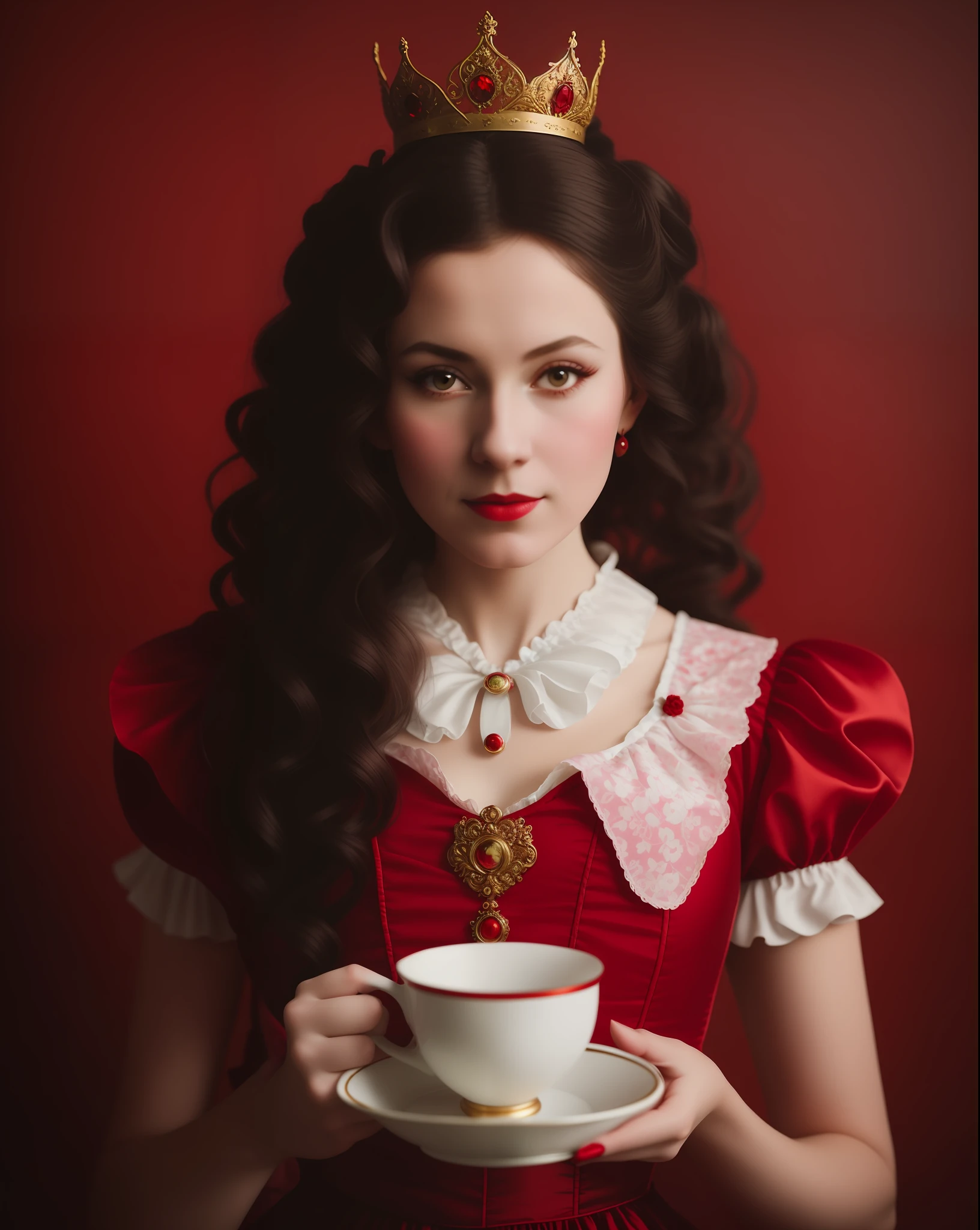 arafed woman in a red dress holding a cup and saucer, portrait of alice in wonderland, in a red victorian era dress, portrait shot, rococo style portrait, by Tatiana Hordiienko, victorian style costume, mid shot portrait, anna nikonova, inspired by Tatiana Hordiienko, rococo queen, by Natasha Tan