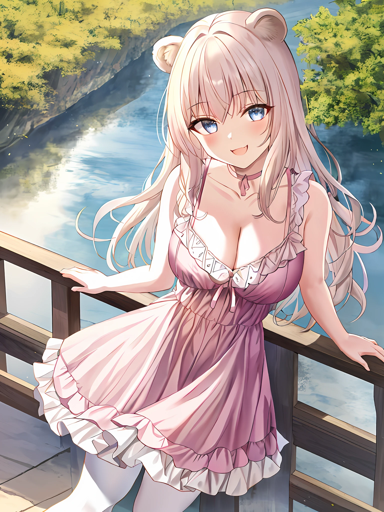 (leaning over:1.4), (masterpiece:1.2, best quality), (real picture, intricate details), 1girl, solo, absurdres, cowboy shot, standing, outdoors, :3, smile, bear girl, bear ears, ((light pink dress)), white thighhighs, platinum blonde hair, gray blue eyes, long hair, strawberry choker, smile, open mouth, one fang, large breasts, cleavage, sleeveless dress, arms behind back,