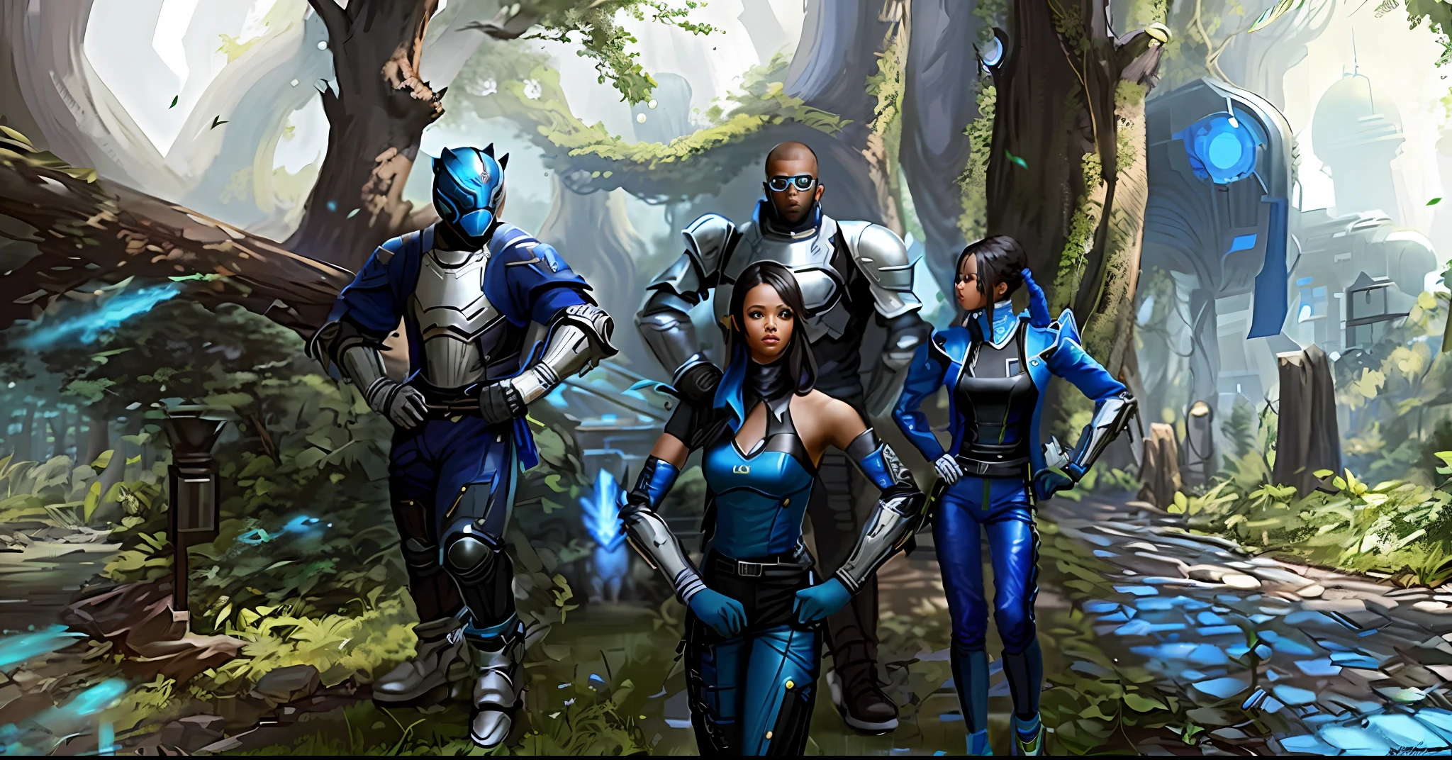 There is a group of people dressed in blue jumpsuits standing in a park, final fantasy xiv, futuristic costumes, cybernetic monkey in the scifi forest, blue armor, the black panther