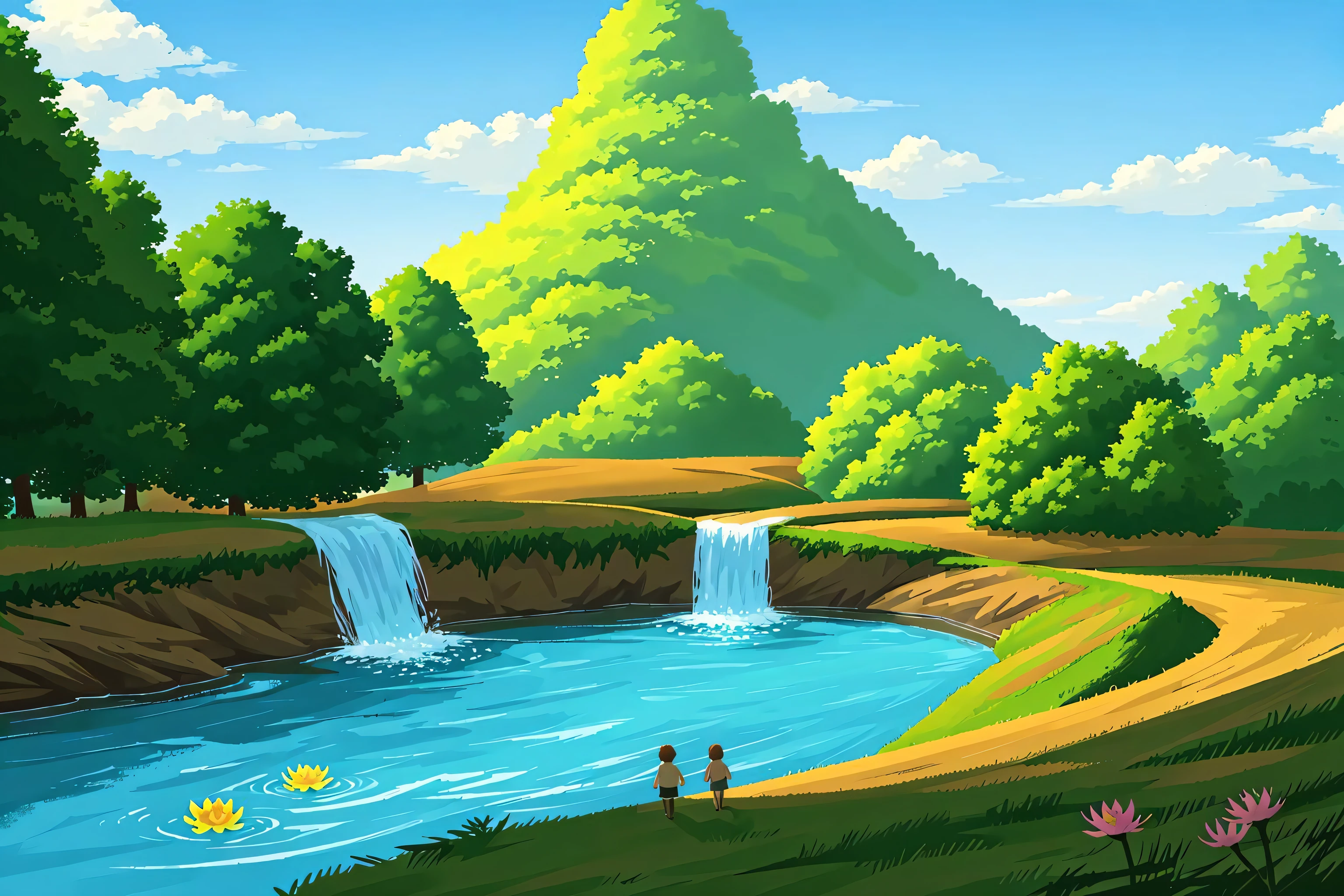 extremely detailed CG unity 8k wallpaper,(masterpiece),(best quality),(ultra detailed),(ultra realistic),(Best character details:1.2),dynamic angle,professional lighting, photon mapping, radiosity, physically-based rendering,blush,gufeng,chinese style,a painting of a river in a forest with a waterfall and a cave in the background with a waterfall, beach, boat, bridge, cloud, day, fantasy, fish, flower, forest, grass, horizon, island, lake, landscape, lily_pad, moss, mountain, nature, no_humans, ocean, outdoors, plant, river, rock, scenery, shore, sky, stream, tree, vines, water, watercraft, waterfall, waves