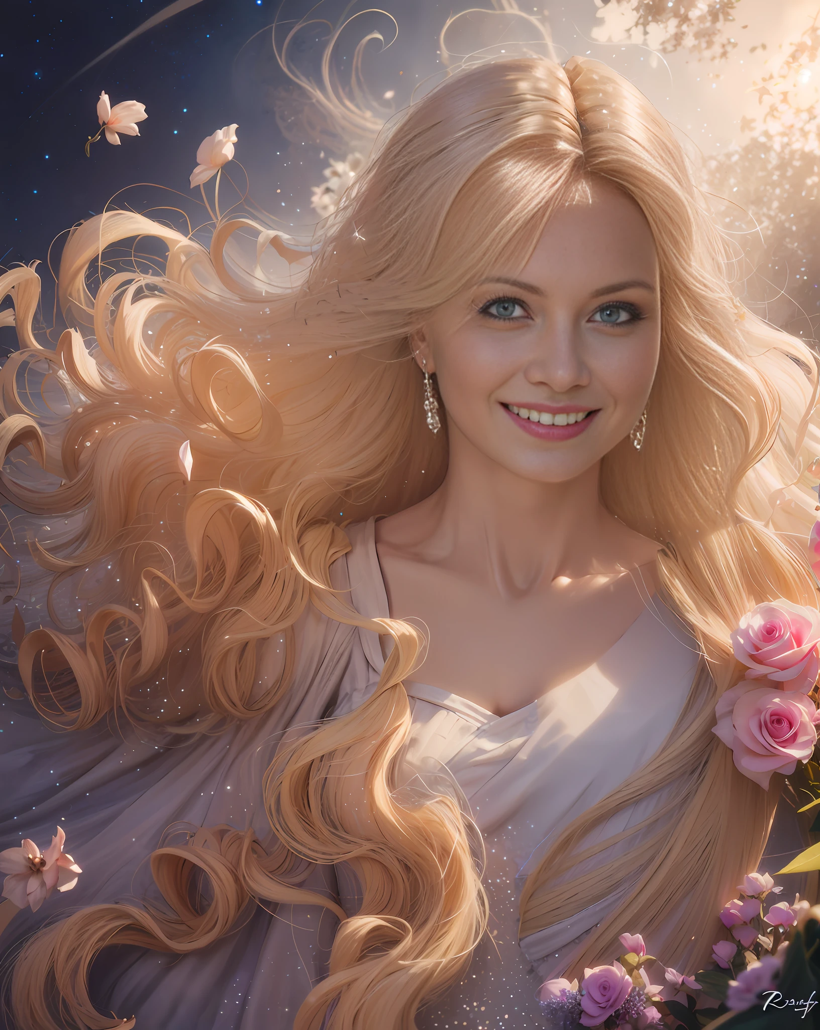 blond woman with long hair and flowers in her hair, fantasy art behance, beautiful fantasy art portrait, beautiful fantasy portrait, ross tran 8 k, deviantart artstation cgscosiety, beautiful digital artwork, smiling as a queen of fairies, blonde elvish empress, blonde - haired princess, beautiful fantasy art, beautiful fantasy maiden, karol bak uhd