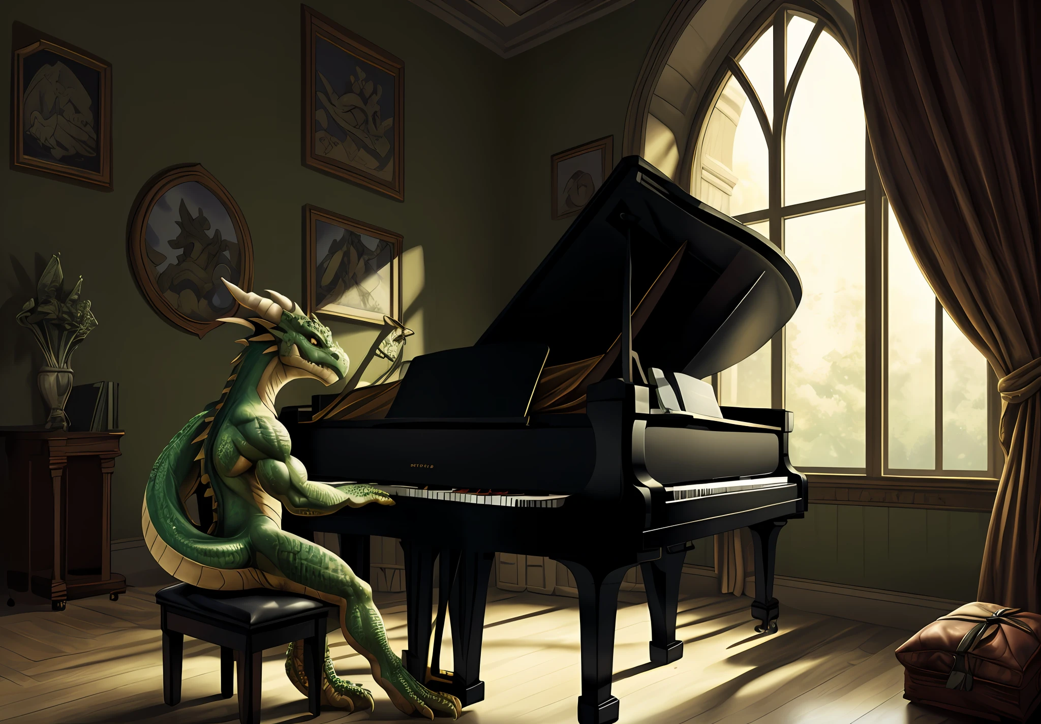 Top Quality, High-quality illustrations by Michelangelo, dark fantasy art, (Anthro: 1.7), furry, explicit, explict, ((kobold)), high res, (detailed eyes, expressive eyes), insane details, cinematic lighting, lizard man, kemono, lizard man play the piano, (piano:1.2), tuxedo,((lizard Facial Features, lizard Body Features)) (Dense and Detailed Muscles))(hyper realistic scales:1.3), (detailed scales:1.2), (scale covered body),(kobold face), (kobold features), (expressive face, detailed face), (smirk), from side, piano stool, indoors, window,
