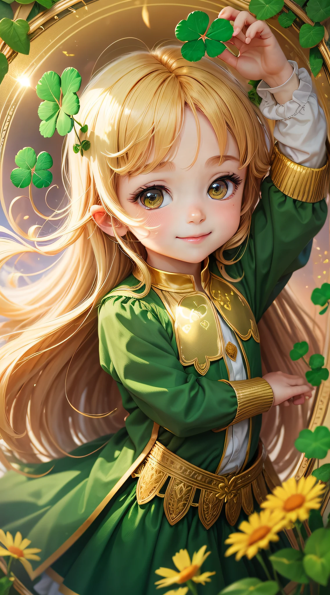 "Golden four-leaf clover, reflecting the sunset"
"The golden four-leaf clover held by a , the joy reflected in his face"
"Green clover field, one golden four-leaf clover in the middle"
"Golden four-leaf clover background, fairy dance carrying good luck" --auto --s2