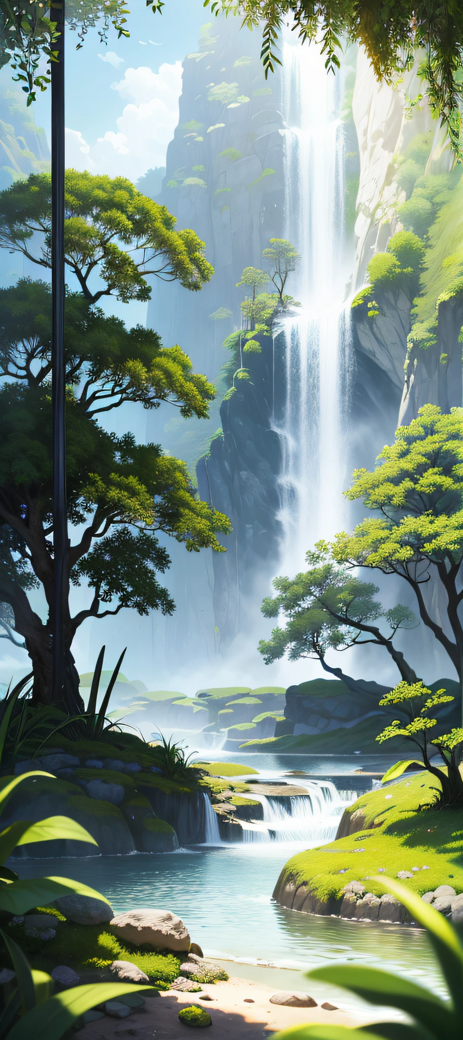 (Masterpiece, Best Quality, High Quality, High Resolution: 1.4), Detailed, Extremely Detailed, Ambient Soft Light, 4K, Blur, Blurred Background, Depth of Field, Bokeh, DOF, Fog, Outdoor Bloom, (Nature, Tropical Forest: 1.2), (Rock: 1.2), Mountais, Plants, Waterfall, Various Animals, Noisy