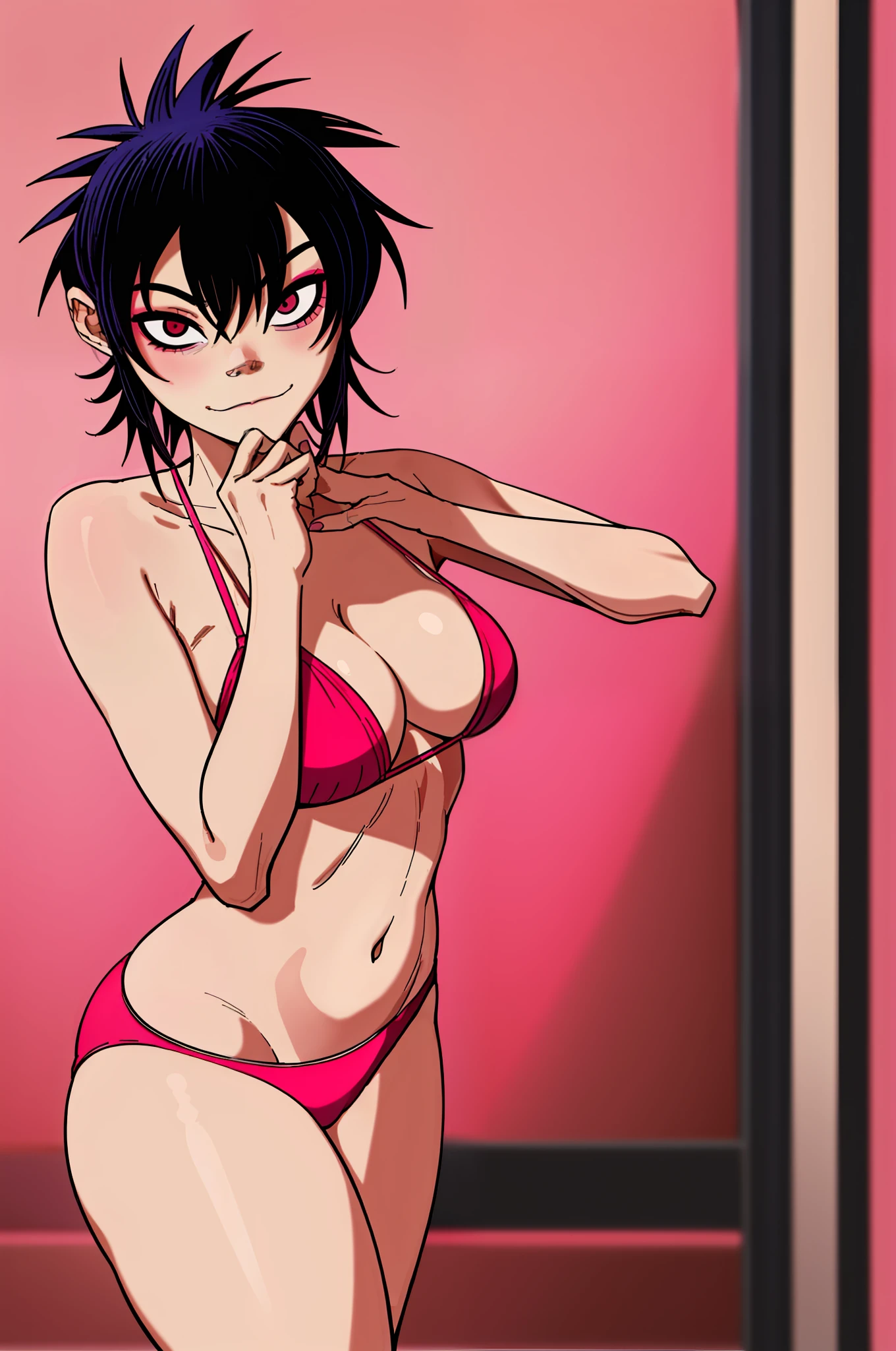 noodle (Gorillaz), masterpiece, best quality, 1girl, solo, hair between eyes, thighs, blush, medium hair, looking at the viewer, bangs, sexy pose, panties, Loli, small breast, sexy butt, bangs covering eyes, goth, sexual expression, makeup, cute, pink background, bikini