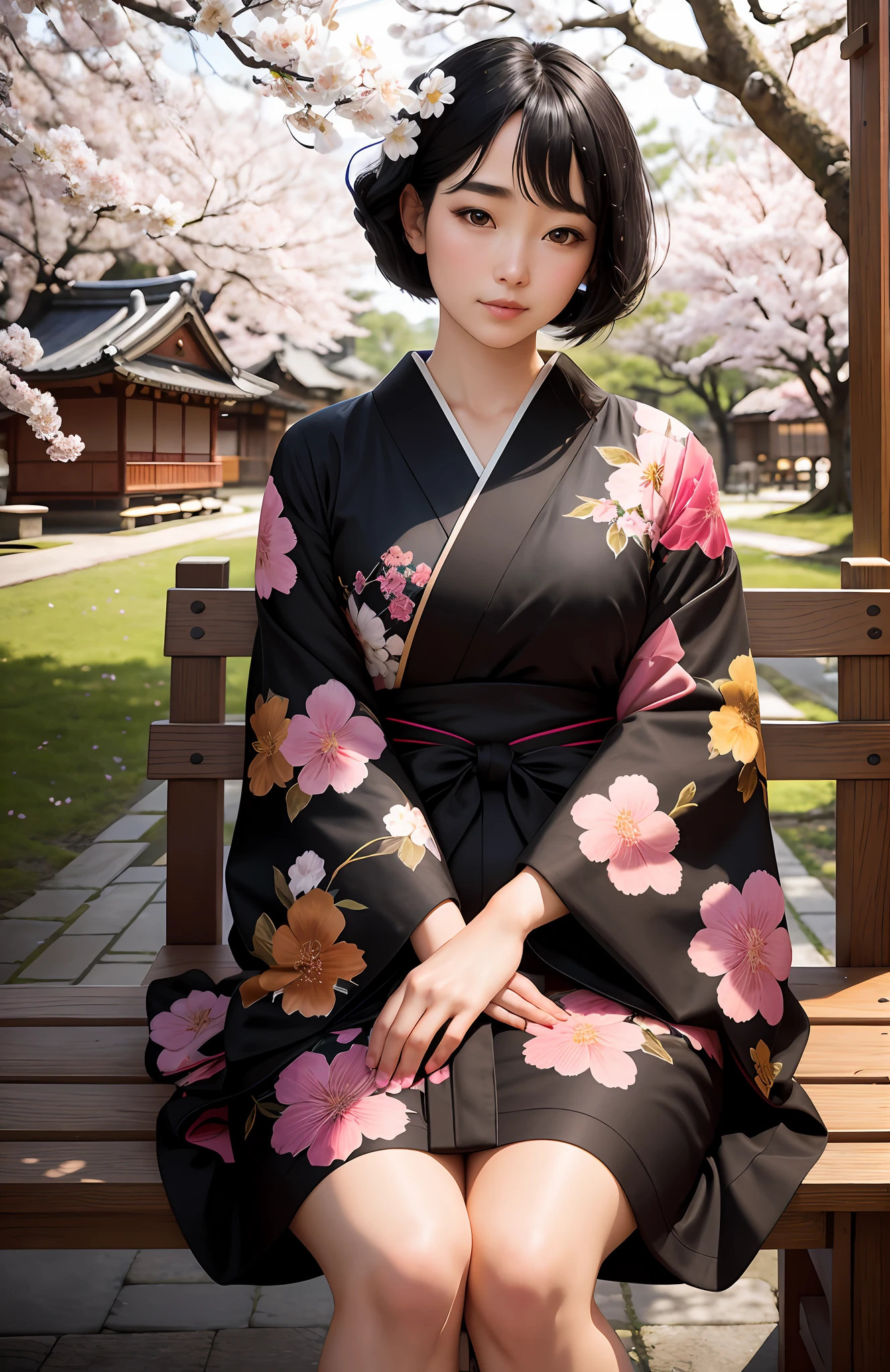 [ ]the image depicts a black-haired young woman sitting on a bench in the center of a traditional Japanese village. She is wearing a beautiful floral kimono,, masterpiece, best quality, (masterpiece), (best quality:1.4), (ultra highres:1.2), (hyperrealistic:1.4), (photorealistic:1.2)
paint kimono, paint bulb, neckline, sexy, paint drops, outdoor, exposed shoulders, sakura trees