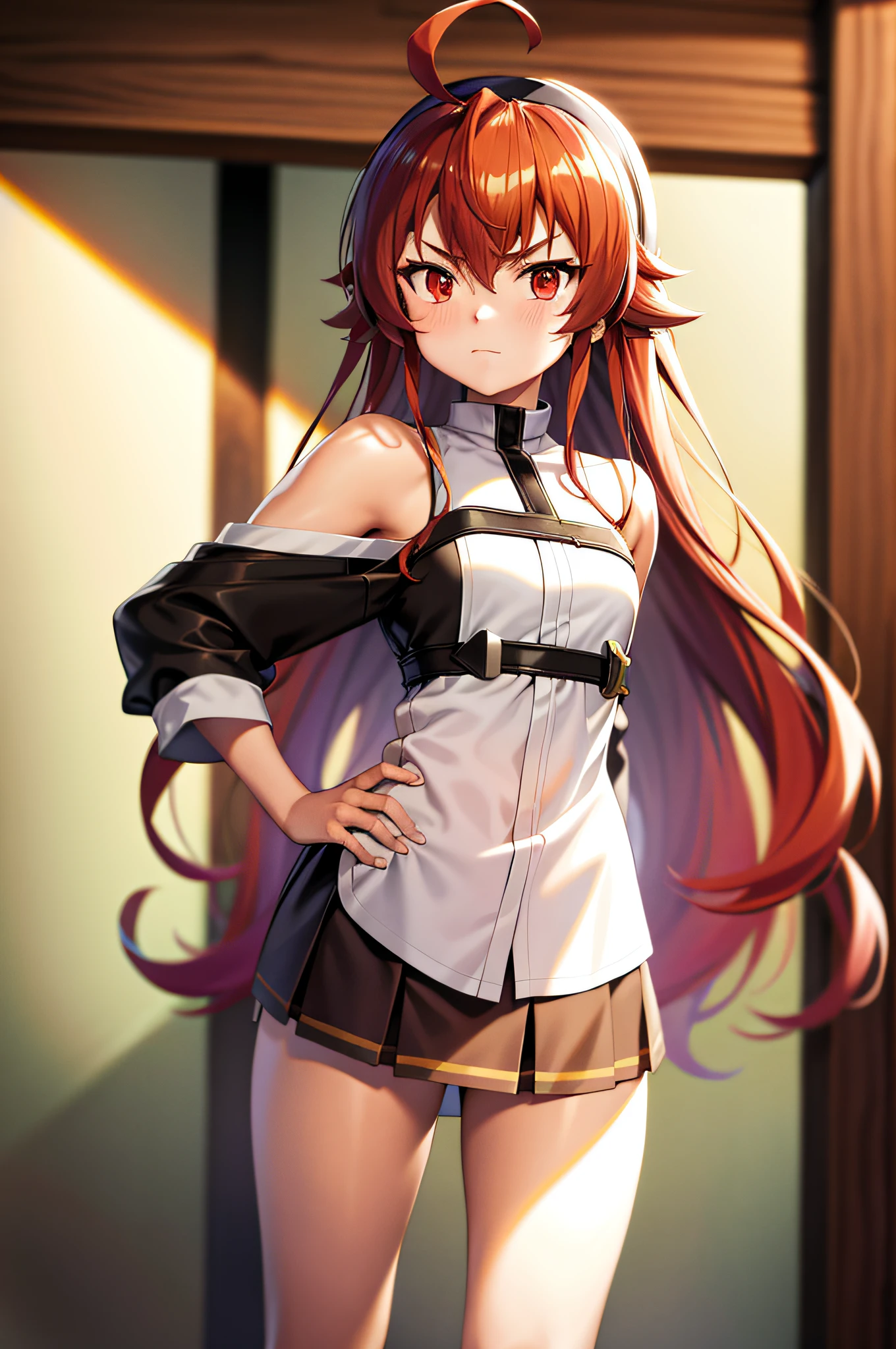 eris greyrat, 1girl, ahoge, bangs, bare shoulders, black hairband, brown skirt, closed mouth, clothing cutout, crossed arms, hair between eyes, hairband, long hair, long sleeves, looking at viewer, red eyes, red hair, shoulder cutout, simple background, skirt, solo, highres, haaam, mushoku tensei