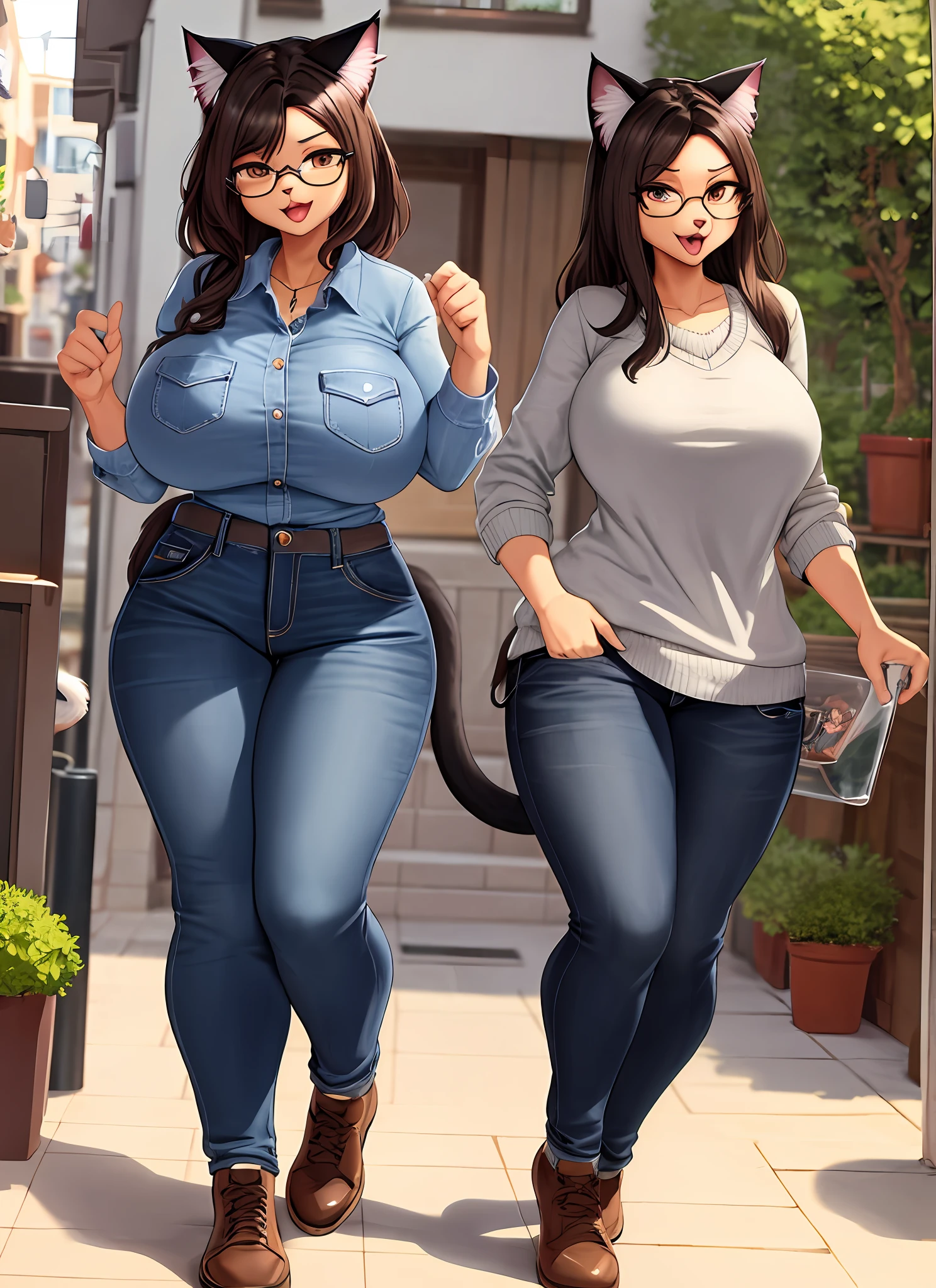 Massive breasts, (((anthro))), (((domestic cat))), (((glasses))), detailed eyes, detailed fur, alleyway, plants, grey fur, brown hair, open mouth, detailed mouth, jeans, wide hips, slightly chubby, brown eyes, (((furry))), 1girl,