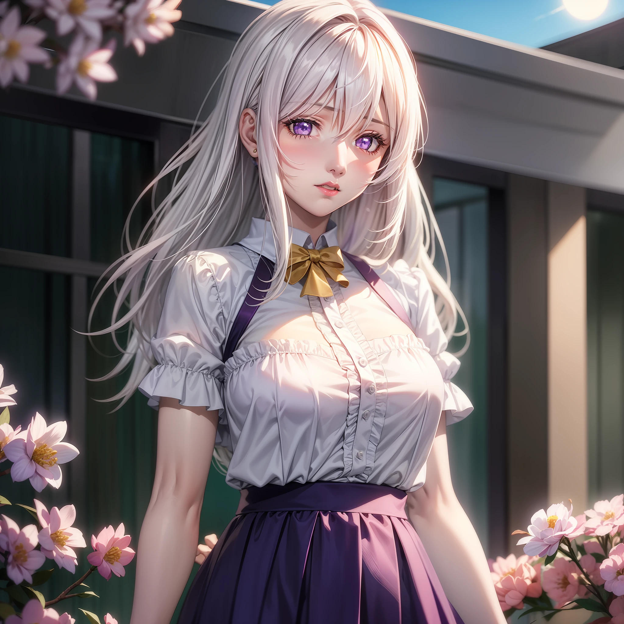 realistic, 1girl, white hair, purple eyes, bright eyes, cropped top, skirt, lips parted, blush, night, flowers, sun, sunlight