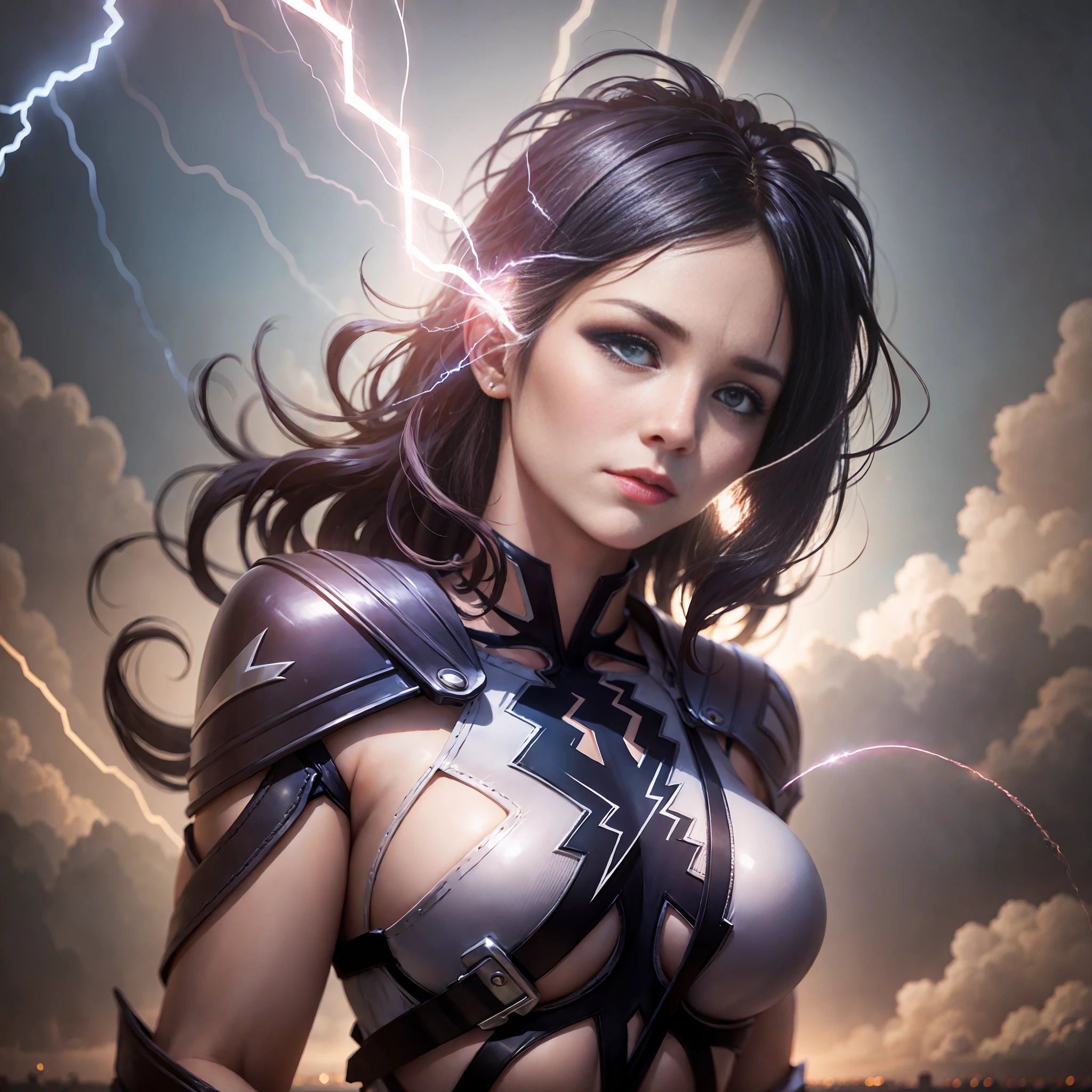 a women looks at the flashes of lightning bolts in sky
