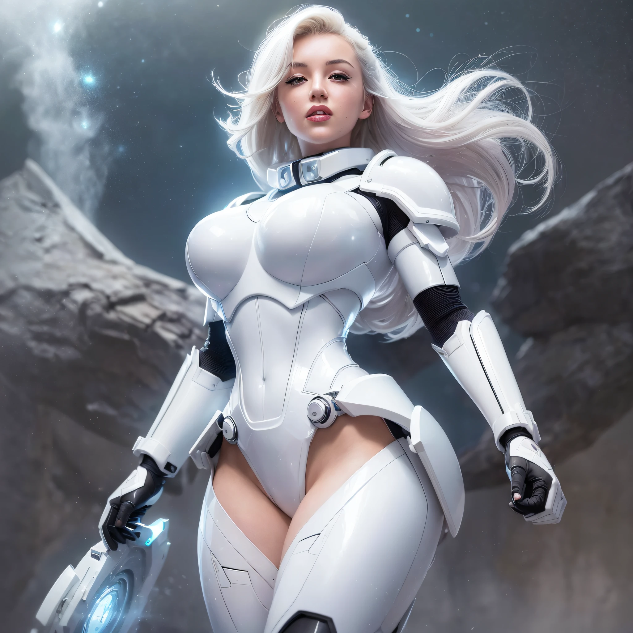 (Top Quality, 8k, 32k, Masterpiece, UHD: 1.3), (Charming Marilyn Monroe Face: 1.8), One Woman, American Woman, ((Big: 1.4)), (Wavy White Hair), Abs, Perfect Body, Ultra Detailed Face, Wearing Makeup, Detailed Red Lips, Double Eyelids, (Seductive), ((Excited: 1.5)), ((Areola Slip)), (in estrus)), ((()), Sexy girl, big, astounding beauty, floating light particles, (floating big light particles: 1.5), mecha cyber armor girl, white mecha, female mech, mechanized valkyrie girl, beautiful white girl cyborg, armor girl, sci-fi woman wearing sci-fi military armor, sci-fi woman, white futuristic armor, gorgeous female paladin, Mechanized soldier girl