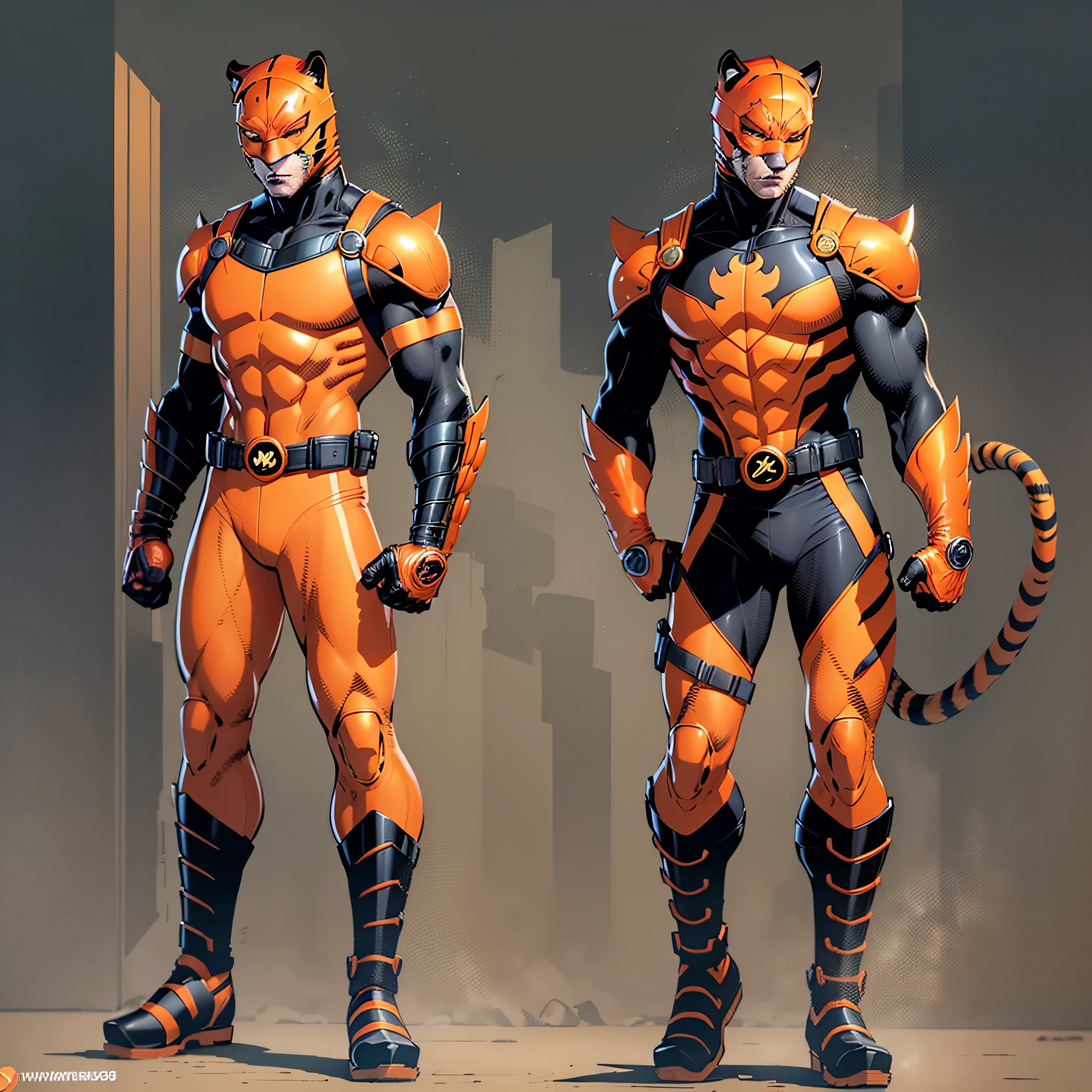 Cute young man 22 years old,orange mask with feline ear,orange brusa,black long sleeves,orange glove,orange belt,black pants,orange boot,Super Hero,full body,t pose,reference sheet, seveas "Tiger Vigilante" --seed3304890780