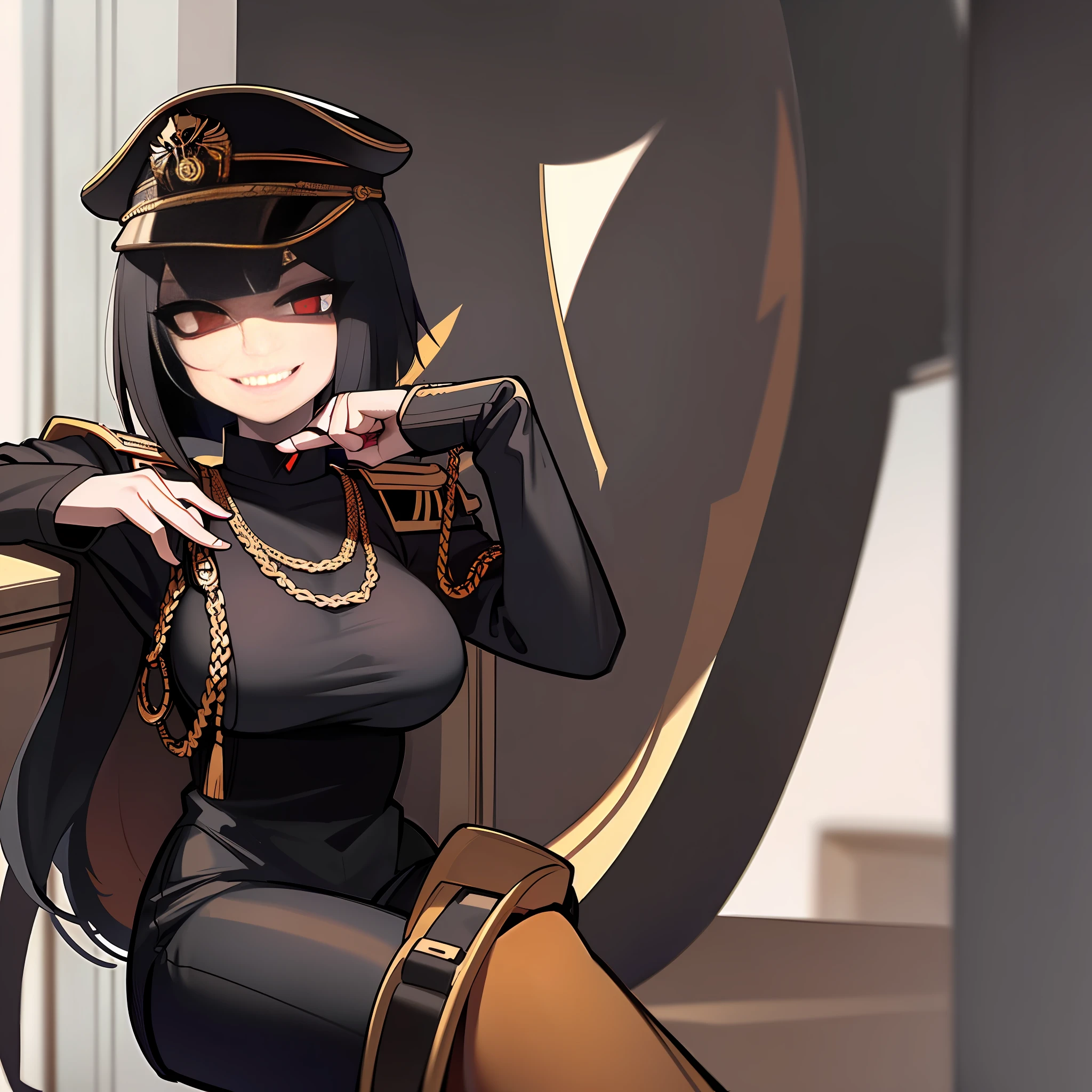 ((Masterpiece, top quality, super definition, ultra definition)), (Solo), (Full body), ((27-year-old goth woman in German official black leather uniform)), ((wearing a black army leather hat)), ((Clear expression of body unevenness)), looking at the camera, (sitting with her back to the wall and bent knees), female body, ((breasts showing)), (covered nipple), ((absurdly large breasts)),  red eyes, ((black hair bob)), front zoom, horizontal seat, yandere, (strong makeup), constricted pupils, (SFW), black pupils, dark, (detailed hands), ((tall woman)), ((sadistic smile)), sharp focus, dynamic angle, deep shadows, simple background
