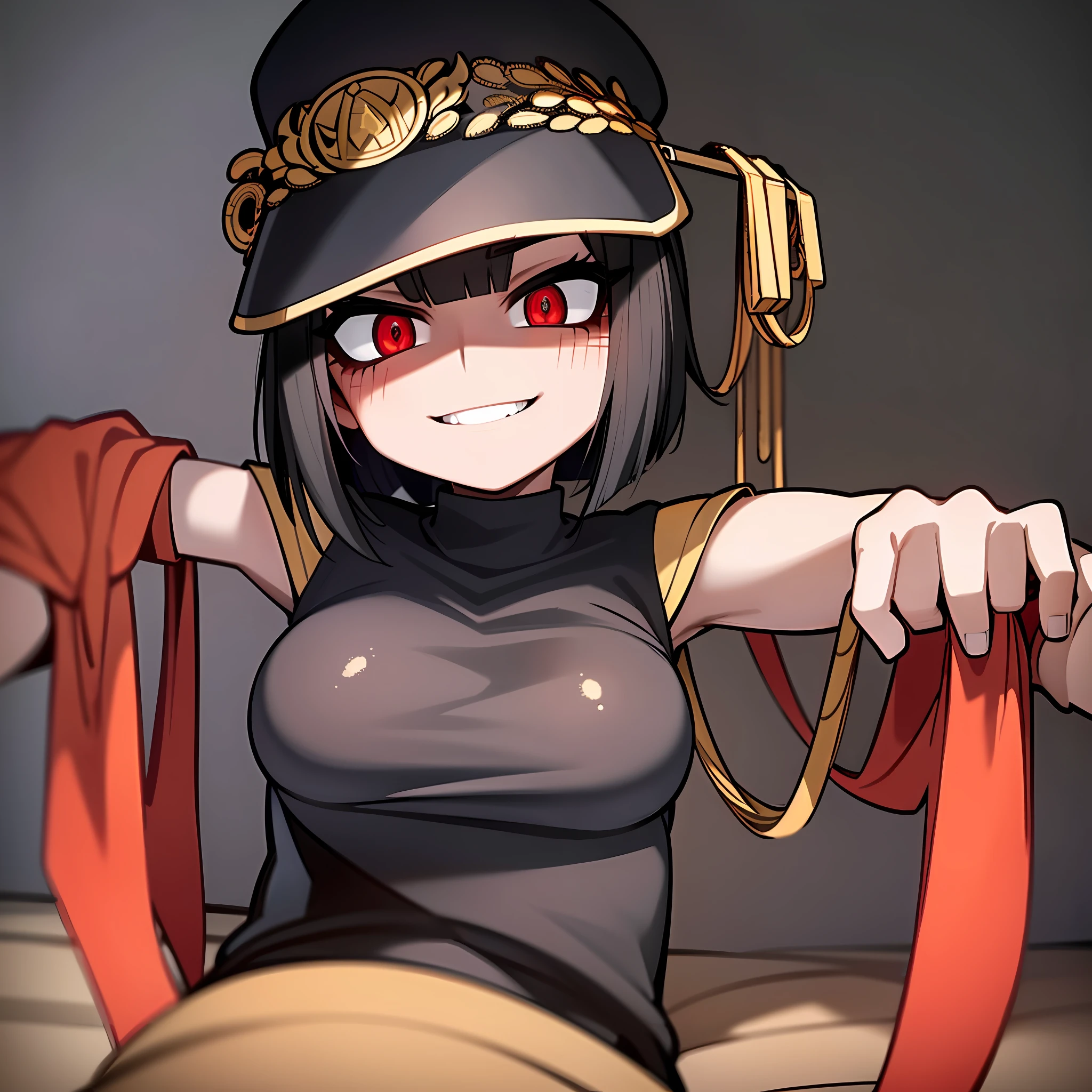 ((Masterpiece, top quality, super definition, ultra definition)), (Solo), (Full body), ((27-year-old goth woman in German official black leather uniform)), ((wearing a black army leather hat)), ((Clear expression of body unevenness)), looking at the camera, (sitting with her back to the wall and bent knees), female body, ((breasts showing)), (covered nipple), ((absurdly large breasts)), red eyes, ((black hair bob)), front zoom, horizontal seat, yandere, (strong makeup), constricted pupils, (SFW), black pupils, dark, (detailed hands), ((tall woman)), ((sadistic smile)), sharp focus, dynamic angle, deep shadows, simple background