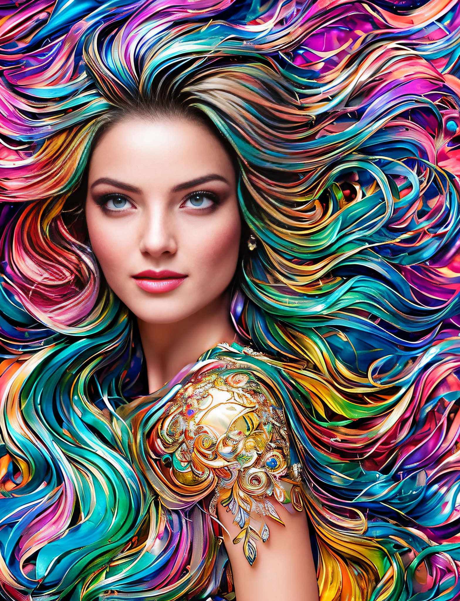 wild mystical lady with waving hair, metallic shine, detailed symmetric eyes, detailed gorgeous face,, anatomically correct, flawless, appearing from colorful liquid oil paint, emerging out of swirling paint best quality, rainbow colors, in style of Andrew Atroshenko, light and glittering and magic diamond shine, magical, ethereal, 8k uhd, dslr, soft lighting, high quality, film grain, Fujifilm XT3